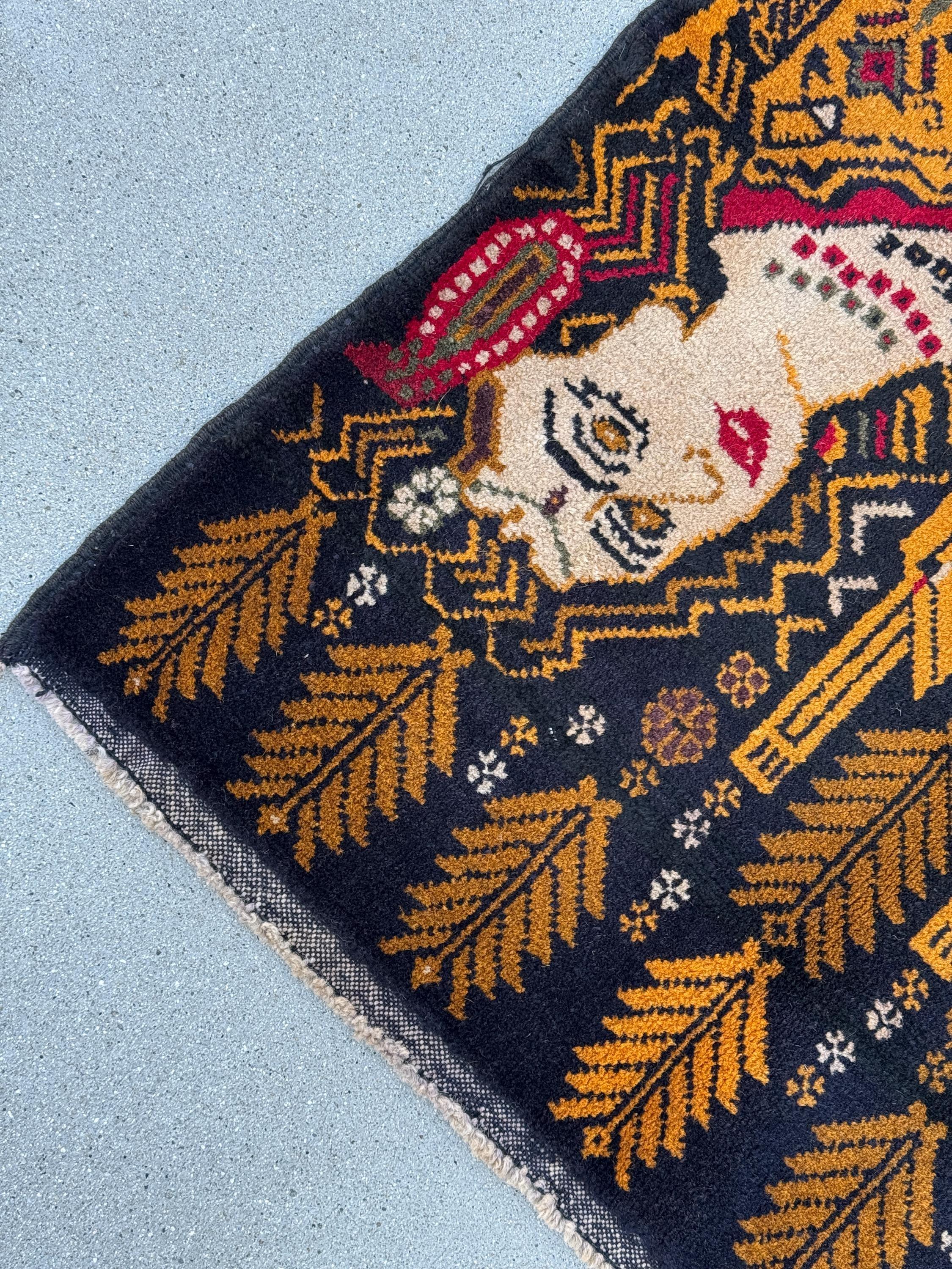 3x4 (91x121) Handmade Vintage Afghan Baluch Rug | Gold Mustard Saffron Caramel Yellow Brown Midnight Navy Blue Blood Red Cream Grey White