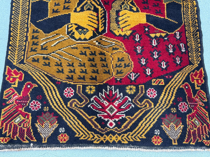 3x4 (91x121) Handmade Vintage Afghan Baluch Rug | Gold Mustard Saffron Caramel Yellow Brown Midnight Navy Blue Blood Red Cream Grey White