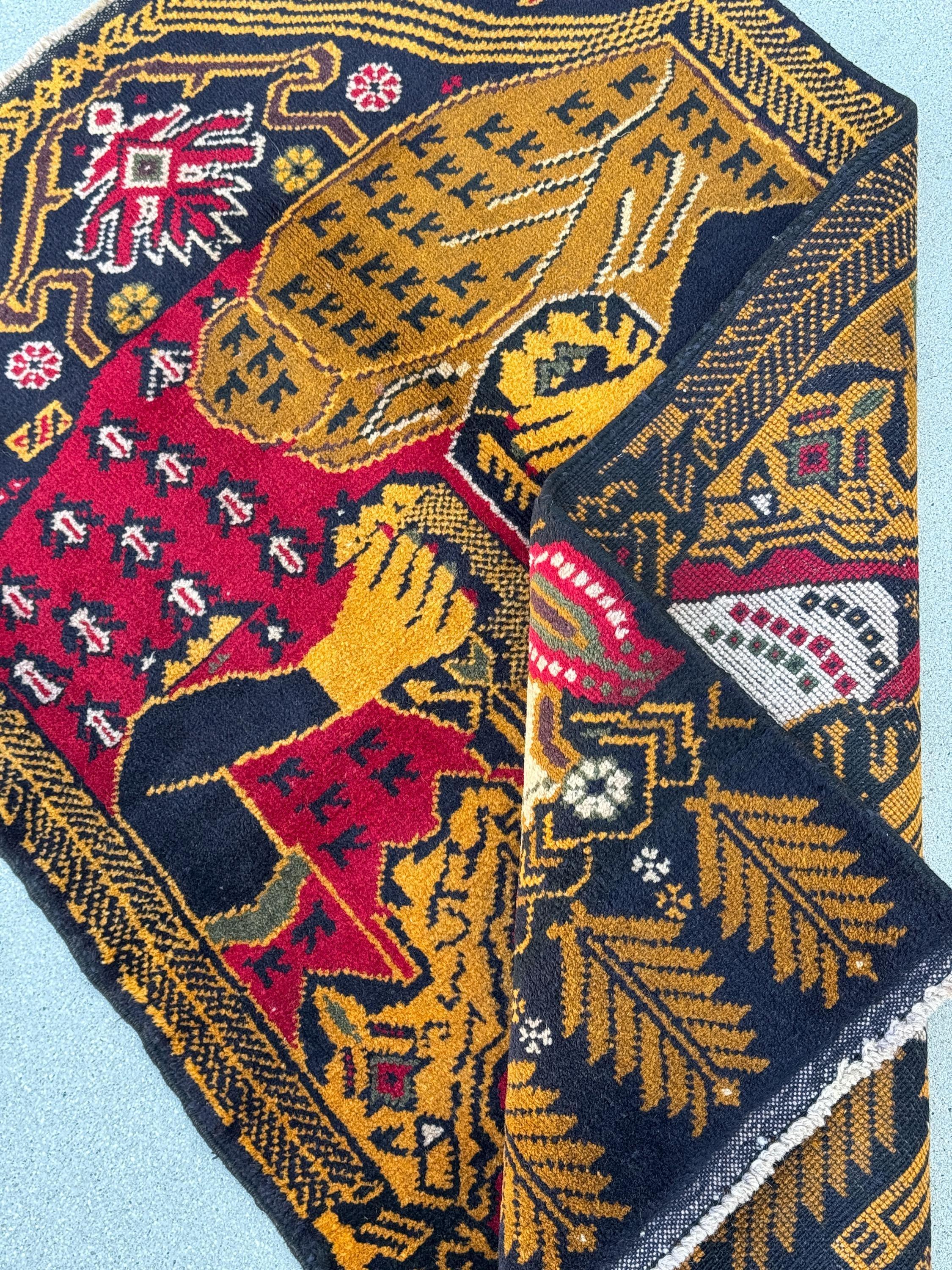 3x4 (91x121) Handmade Vintage Afghan Baluch Rug | Gold Mustard Saffron Caramel Yellow Brown Midnight Navy Blue Blood Red Cream Grey White