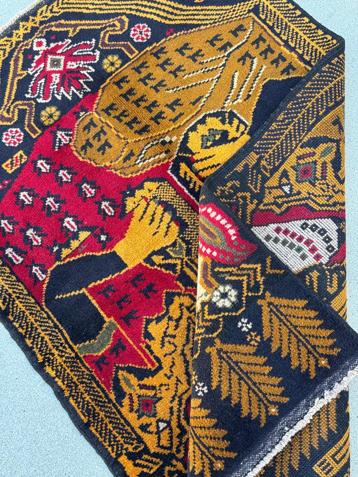 3x4 (91x121) Handmade Vintage Afghan Baluch Rug | Gold Mustard Saffron Caramel Yellow Brown Midnight Navy Blue Blood Red Cream Grey White