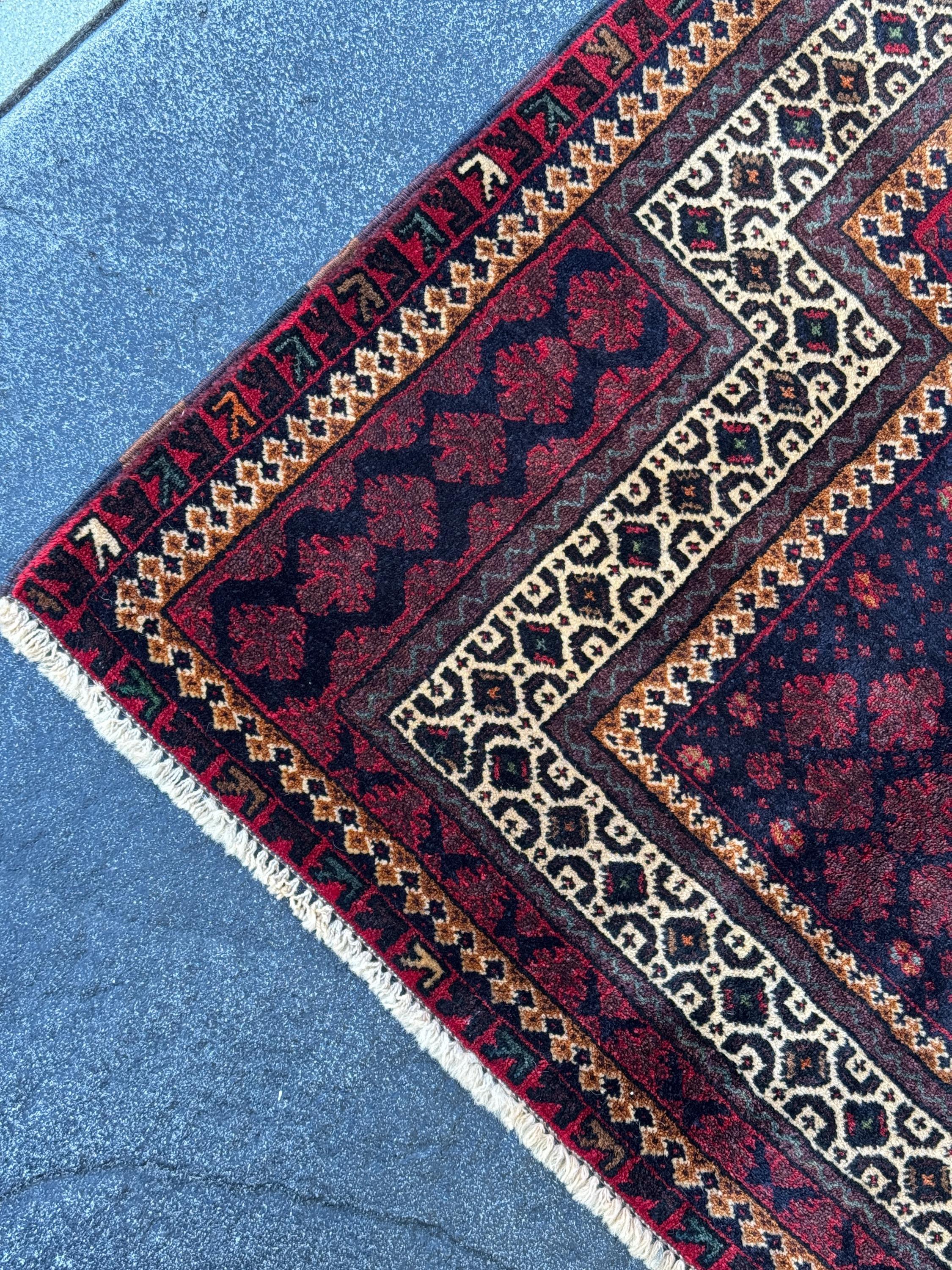 3x4 Handmade Vintage Afghan Baluch Rug | Maroon Crimson Burgundy Midnight Navy Denim Blue Forest Green Peach Orange White Cream Brown