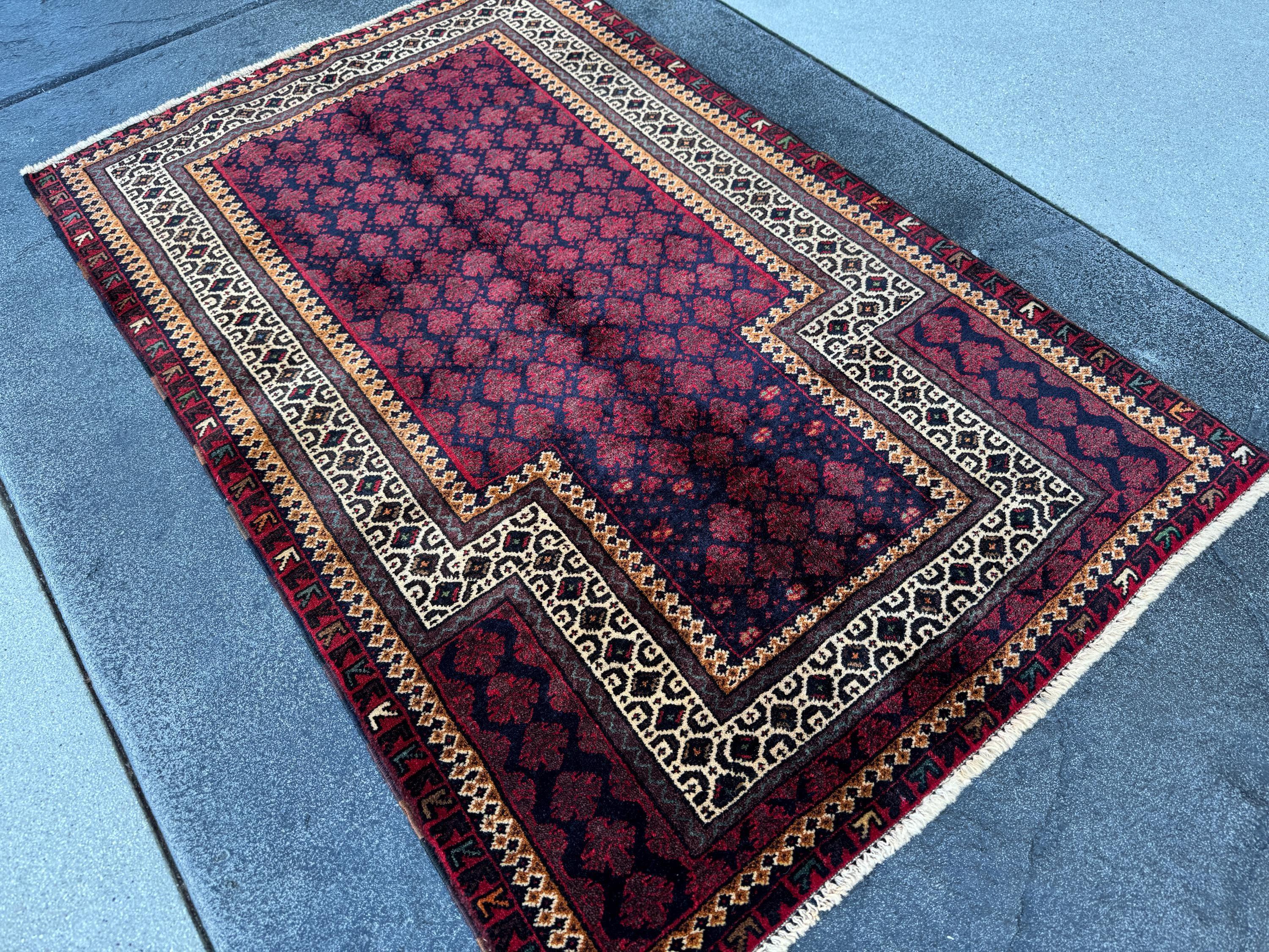 3x4 Handmade Vintage Afghan Baluch Rug | Maroon Crimson Burgundy Midnight Navy Denim Blue Forest Green Peach Orange White Cream Brown