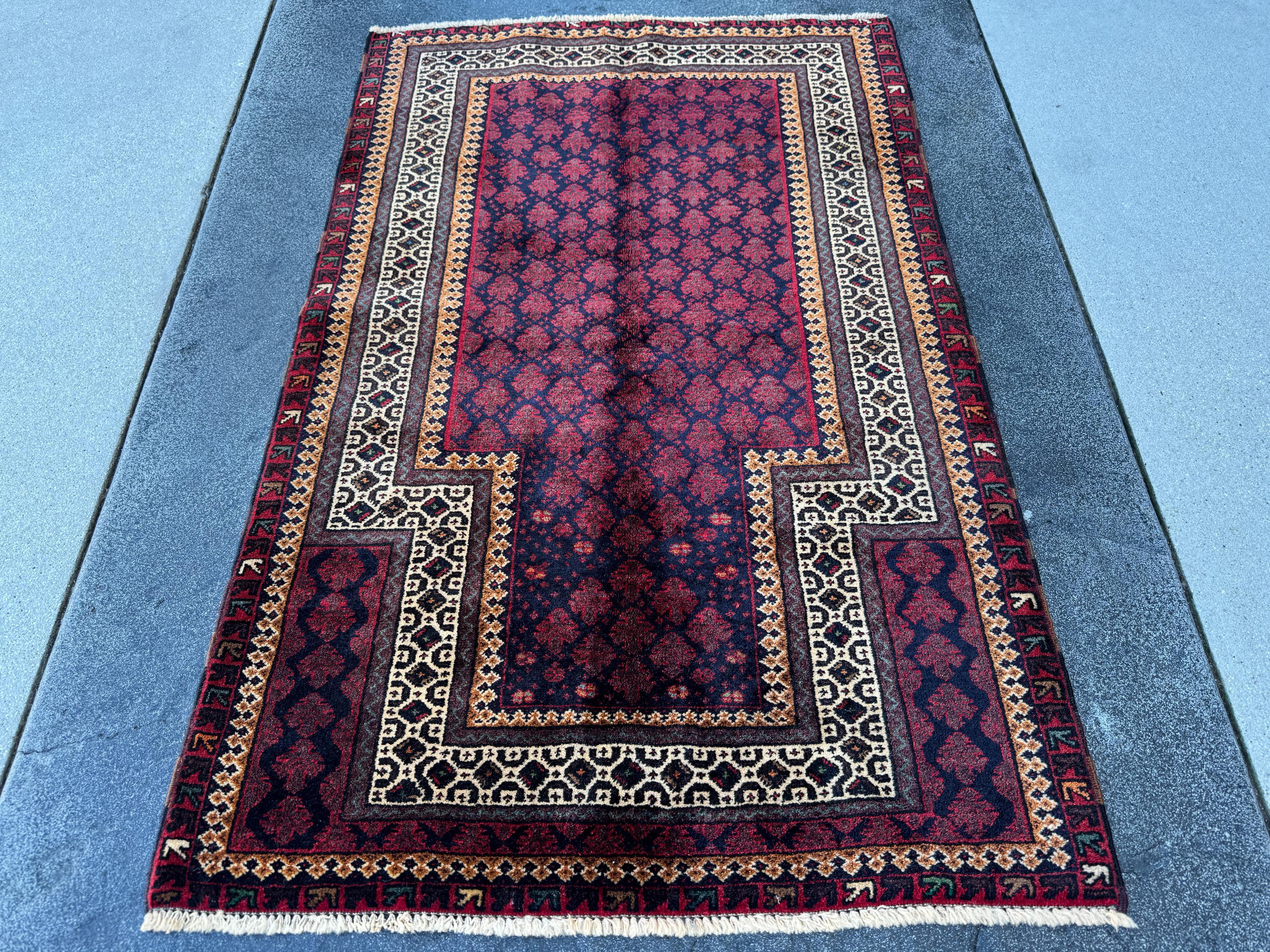 3x4 Handmade Vintage Afghan Baluch Rug | Maroon Crimson Burgundy Midnight Navy Denim Blue Forest Green Peach Orange White Cream Brown