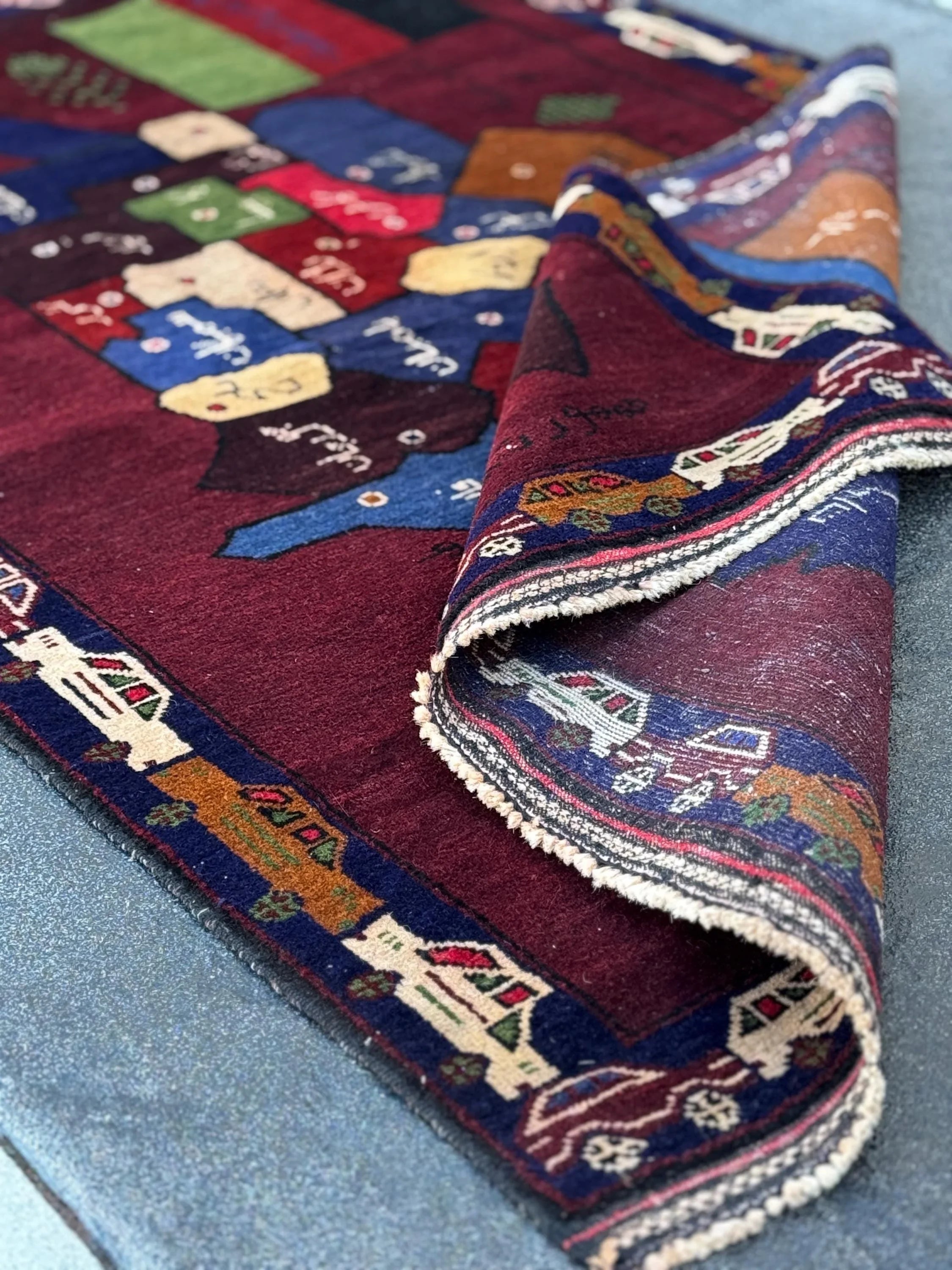 3x5 (91x152) Handmade Vintage Afghan Baluch Rug Maroon Crimson Blood Burgundy Red Denim Navy Blue Black Cream Pine Moss Green Caramel Brown