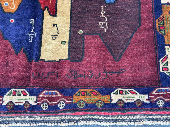 3x5 (91x152) Handmade Vintage Afghan Baluch Rug Maroon Crimson Blood Burgundy Red Denim Navy Blue Black Cream Pine Moss Green Caramel Brown