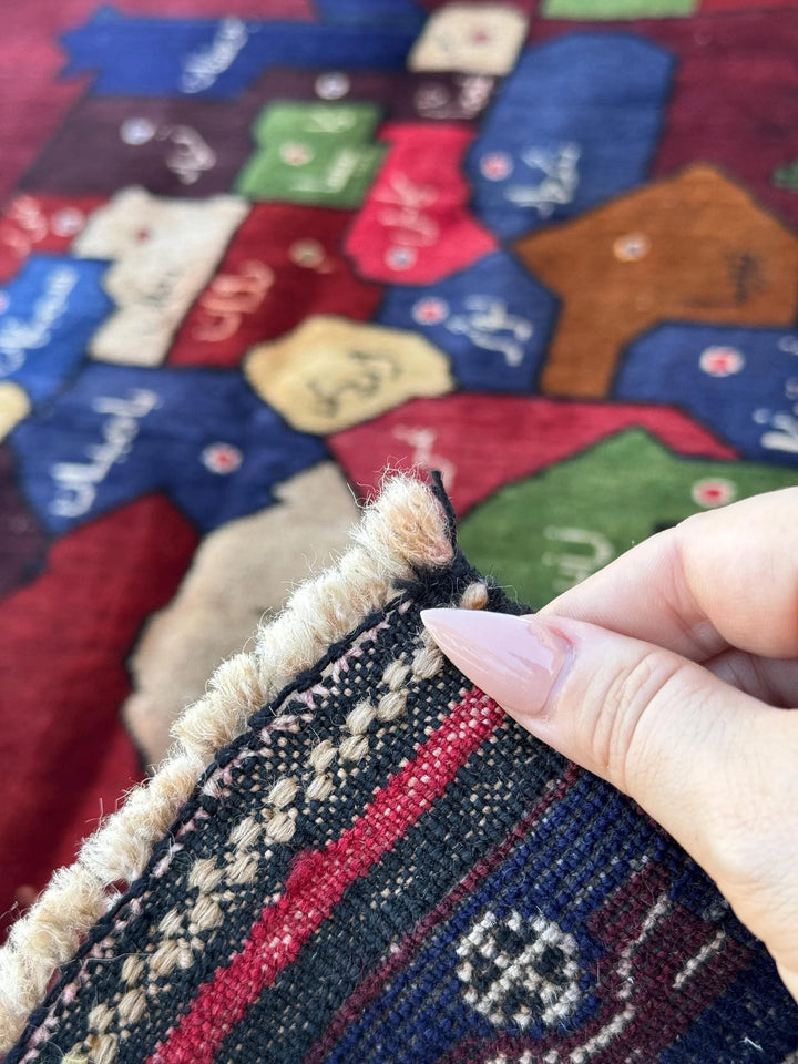 3x5 (91x152) Handmade Vintage Afghan Baluch Rug Maroon Crimson Blood Burgundy Red Denim Navy Blue Black Cream Pine Moss Green Caramel Brown