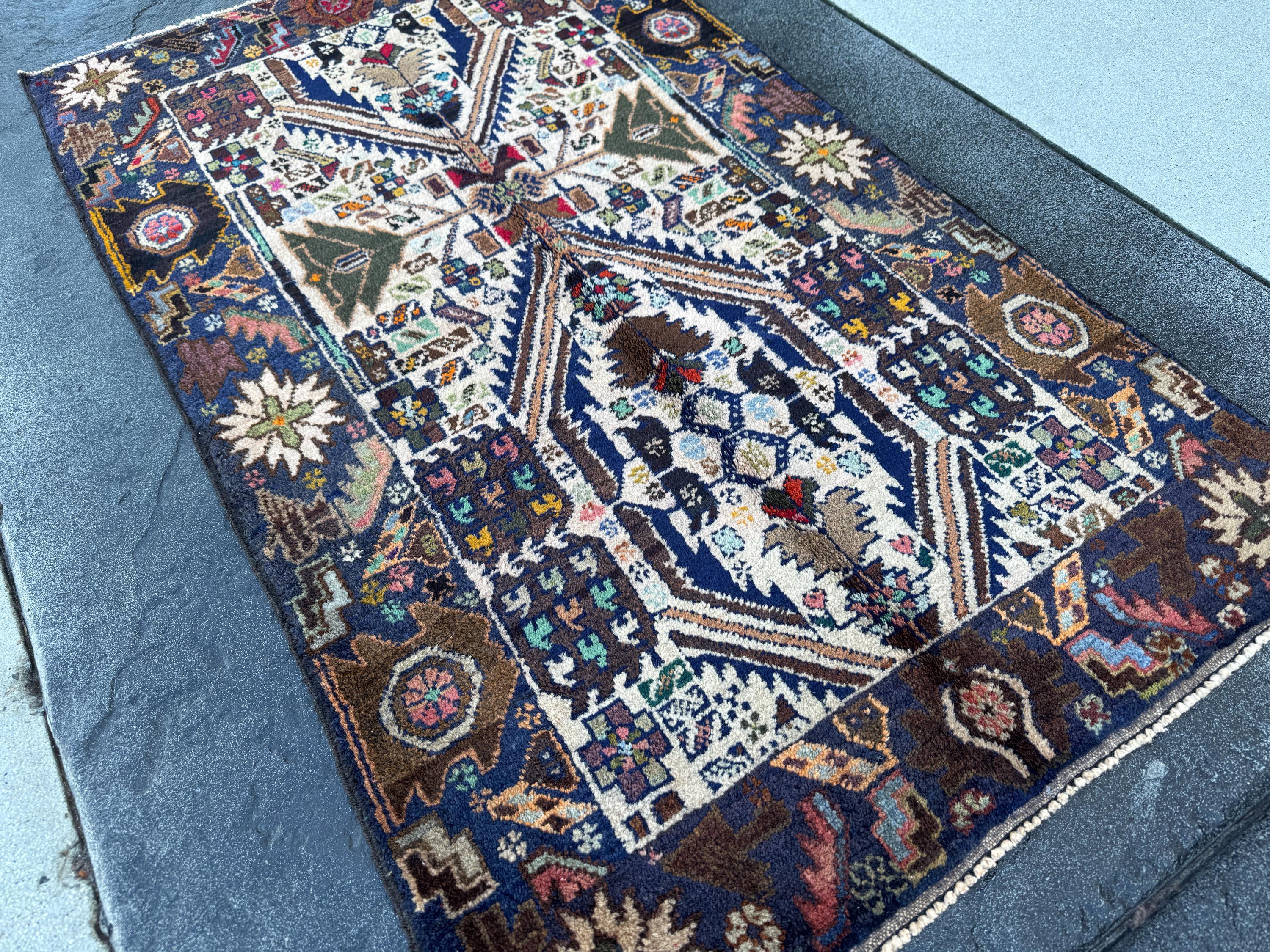 3x5 (91x152) Handmade Vintage Afghan Baluch Rug | Cream Navy Blue Grey Forest Moss Green Maroon Pink Denim Orange Gold Yellow Black Red Aqua