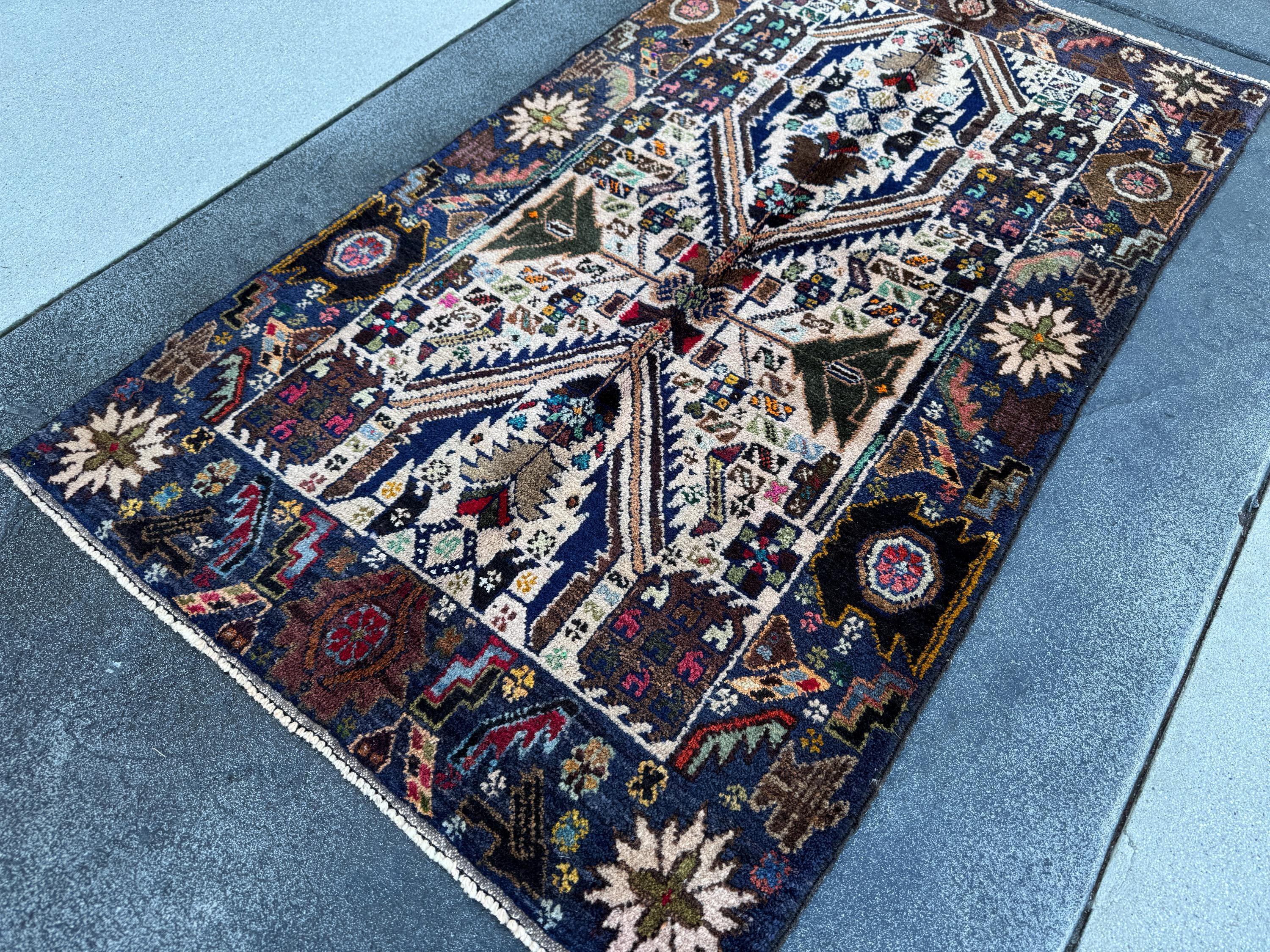 3x5 (91x152) Handmade Vintage Afghan Baluch Rug | Cream Navy Blue Grey Forest Moss Green Maroon Pink Denim Orange Gold Yellow Black Red Aqua