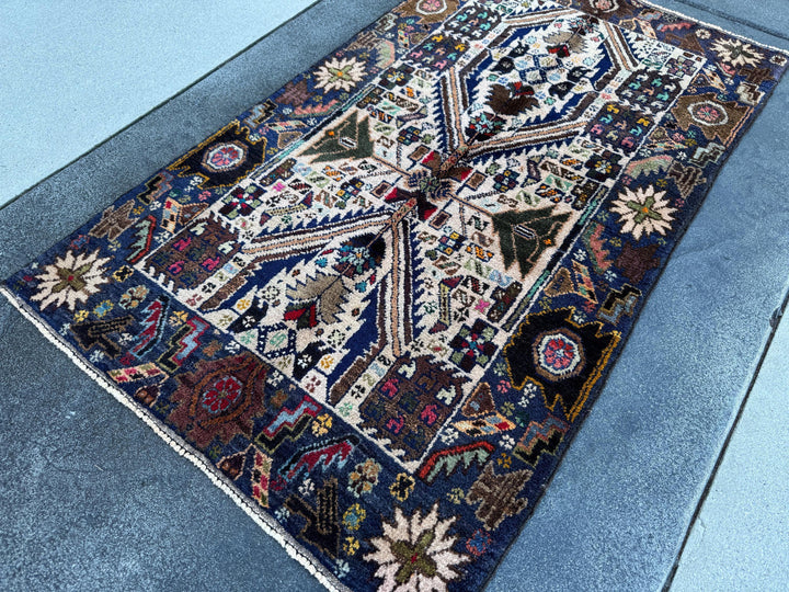 3x5 (91x152) Handmade Vintage Afghan Baluch Rug | Cream Navy Blue Grey Forest Moss Green Maroon Pink Denim Orange Gold Yellow Black Red Aqua