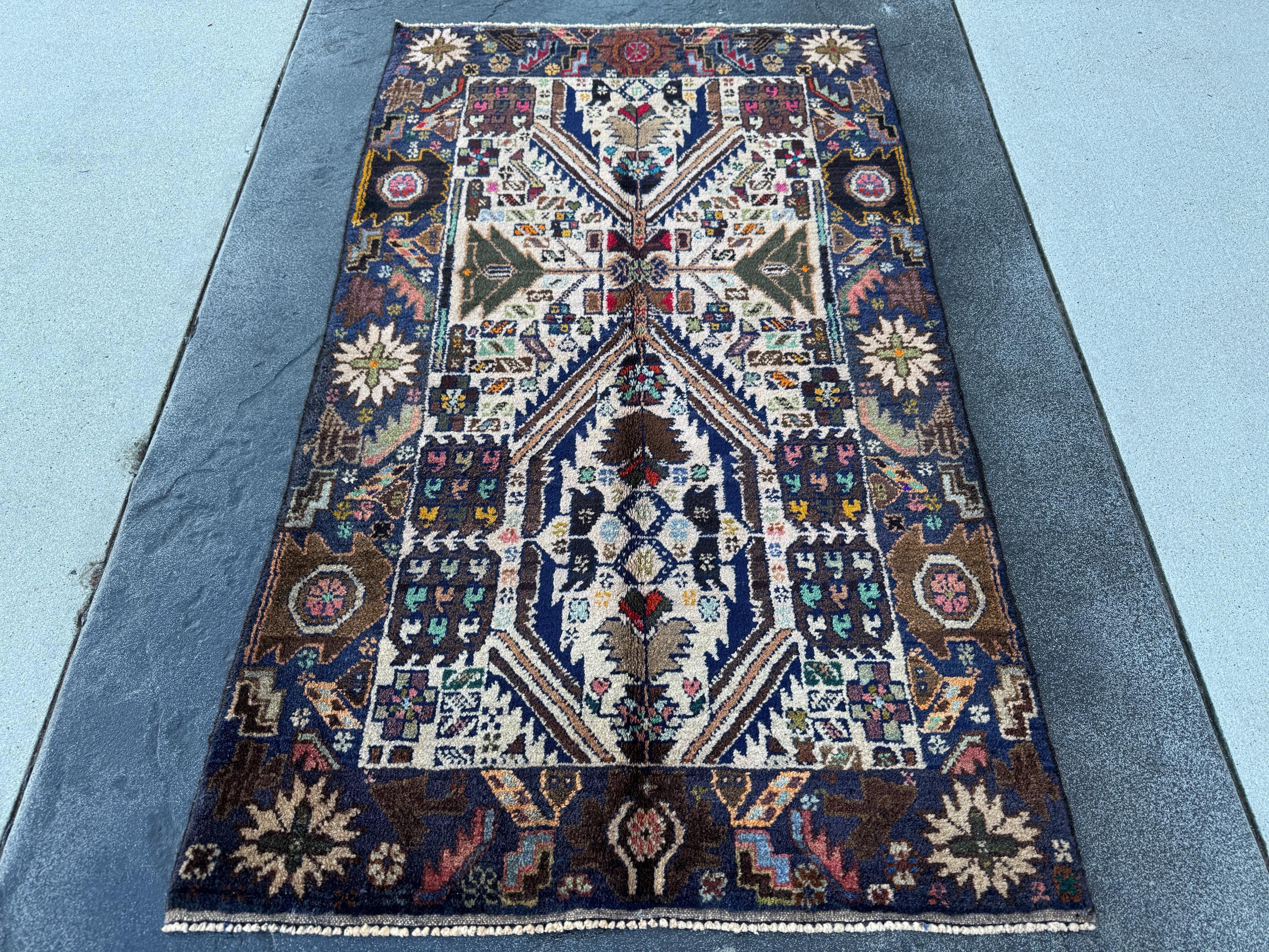 3x5 (91x152) Handmade Vintage Afghan Baluch Rug | Cream Navy Blue Grey Forest Moss Green Maroon Pink Denim Orange Gold Yellow Black Red Aqua