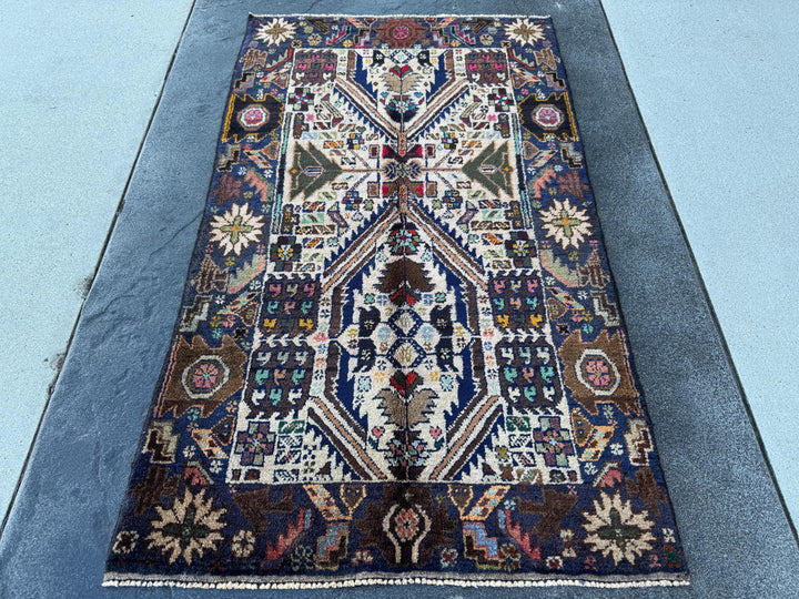 3x5 (91x152) Handmade Vintage Afghan Baluch Rug | Cream Navy Blue Grey Forest Moss Green Maroon Pink Denim Orange Gold Yellow Black Red Aqua