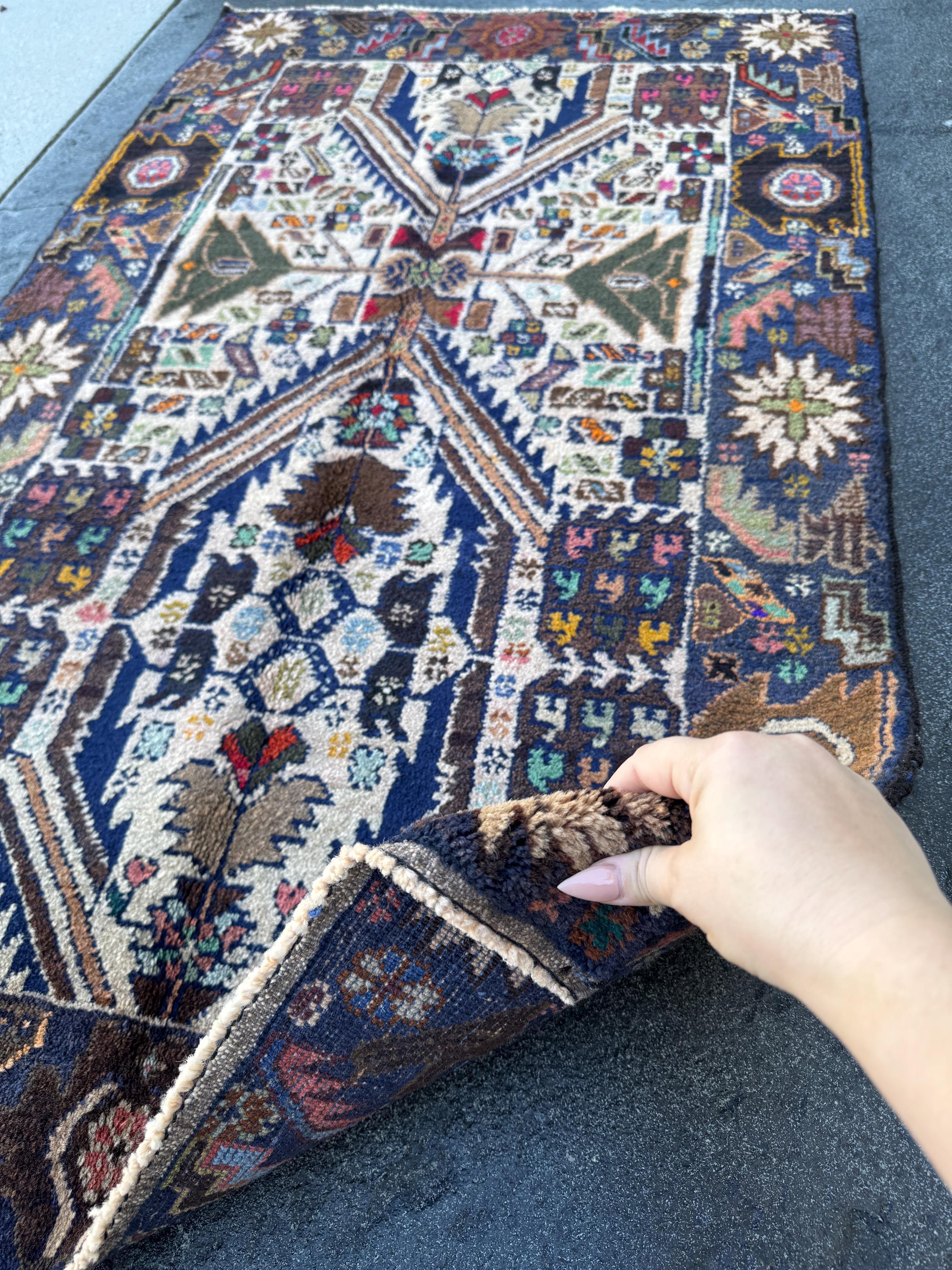 3x5 (91x152) Handmade Vintage Afghan Baluch Rug | Cream Navy Blue Grey Forest Moss Green Maroon Pink Denim Orange Gold Yellow Black Red Aqua