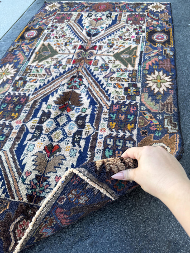 3x5 (91x152) Handmade Vintage Afghan Baluch Rug | Cream Navy Blue Grey Forest Moss Green Maroon Pink Denim Orange Gold Yellow Black Red Aqua