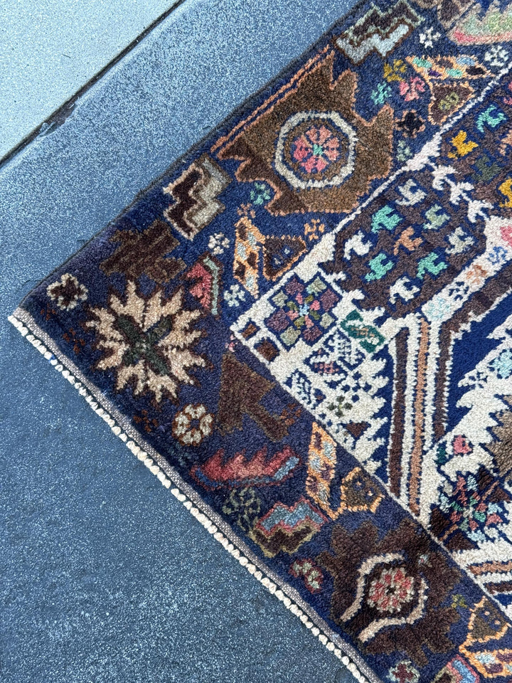 3x5 (91x152) Handmade Vintage Afghan Baluch Rug | Cream Navy Blue Grey Forest Moss Green Maroon Pink Denim Orange Gold Yellow Black Red Aqua