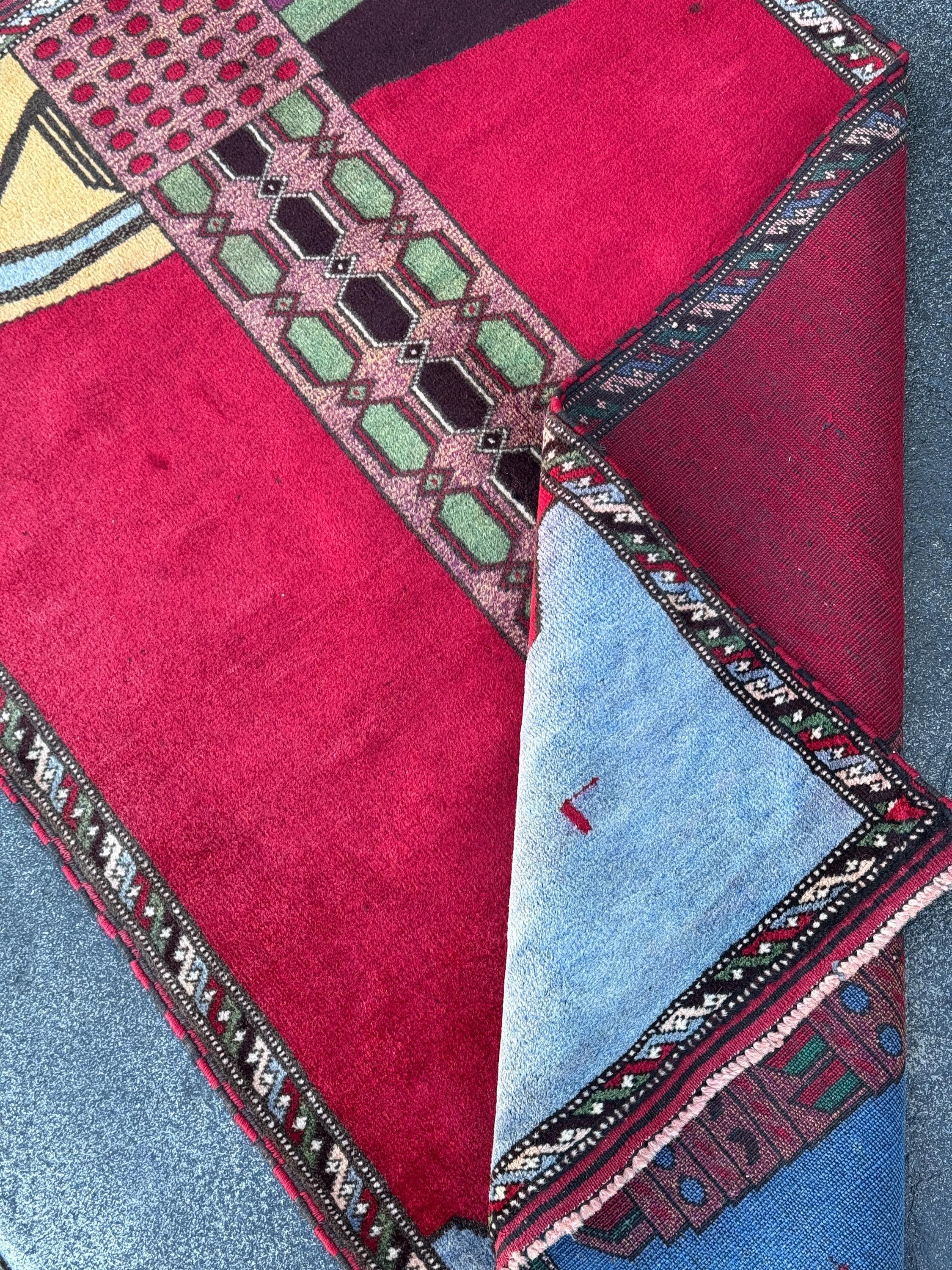 3x5 Handmade Vintage Afghan Baluch Rug | Crimson Scarlet Brick Rose Red Pink Moss Pine Green Sky Powder Blue Burgundy Plum Grey Saffron Wool