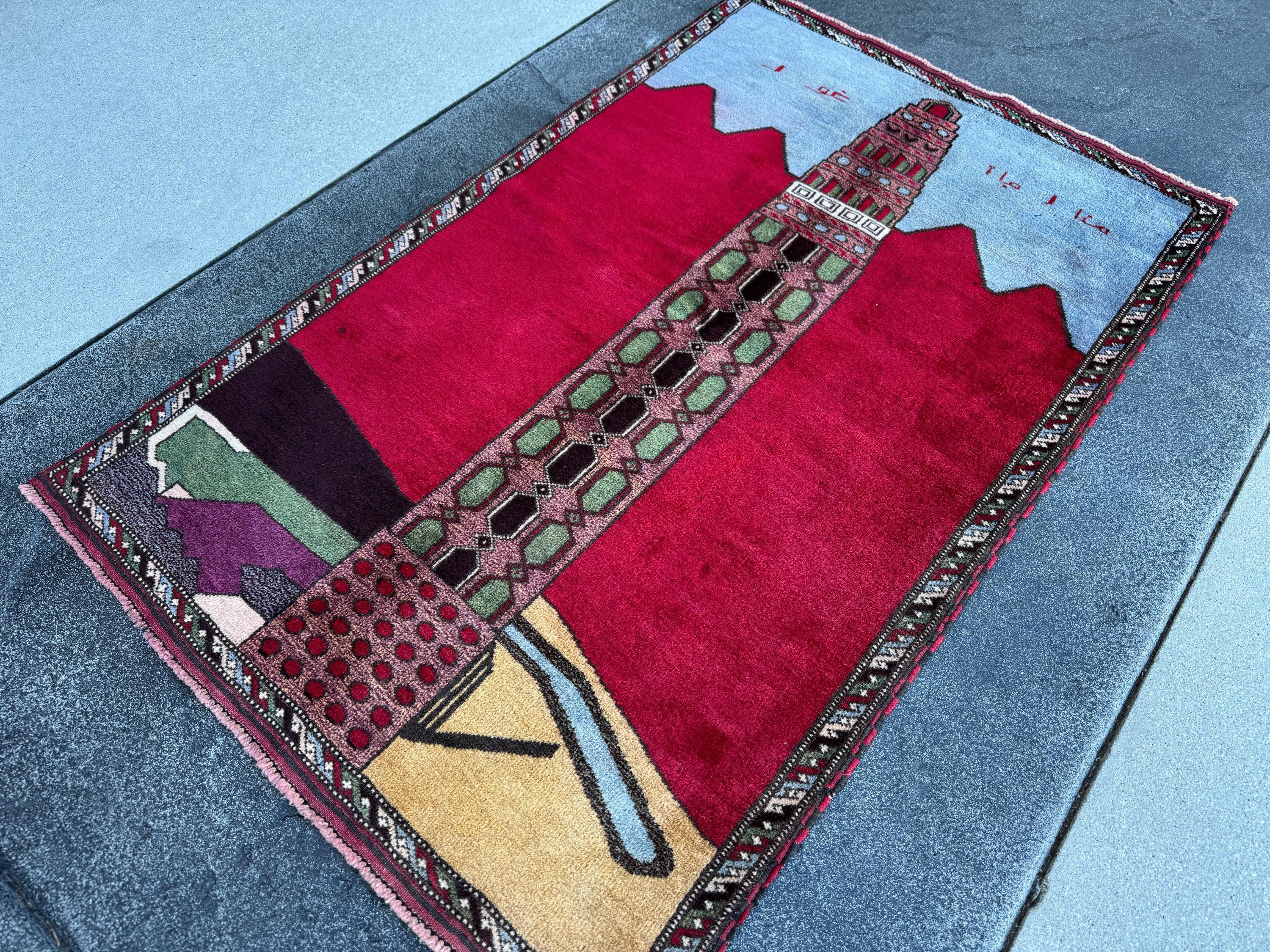 3x5 Handmade Vintage Afghan Baluch Rug | Crimson Scarlet Brick Rose Red Pink Moss Pine Green Sky Powder Blue Burgundy Plum Grey Saffron Wool