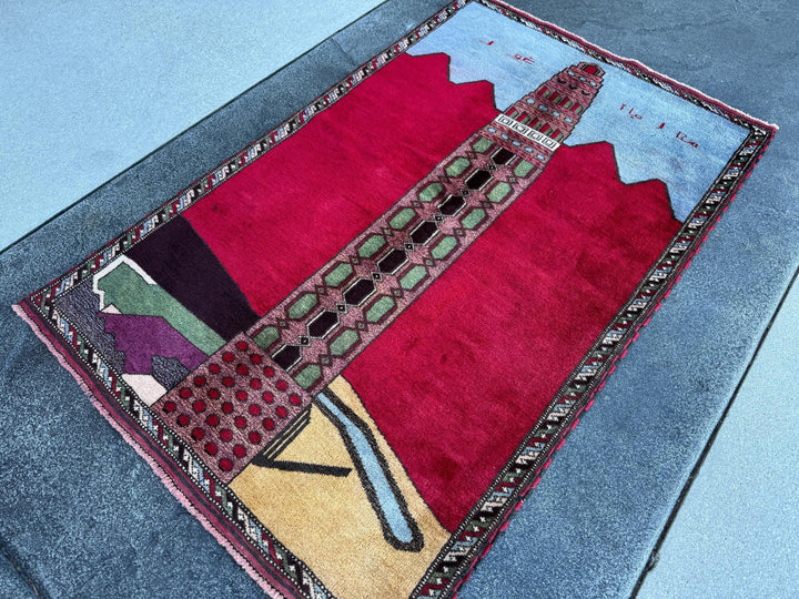 3x5 Handmade Vintage Afghan Baluch Rug | Crimson Scarlet Brick Rose Red Pink Moss Pine Green Sky Powder Blue Burgundy Plum Grey Saffron Wool