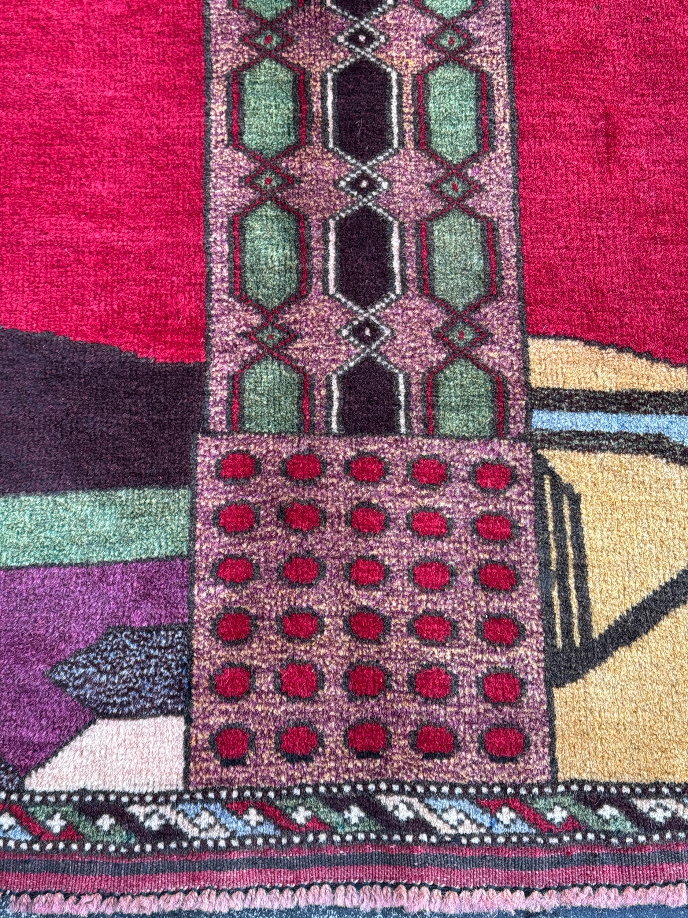 3x5 Handmade Vintage Afghan Baluch Rug | Crimson Scarlet Brick Rose Red Pink Moss Pine Green Sky Powder Blue Burgundy Plum Grey Saffron Wool