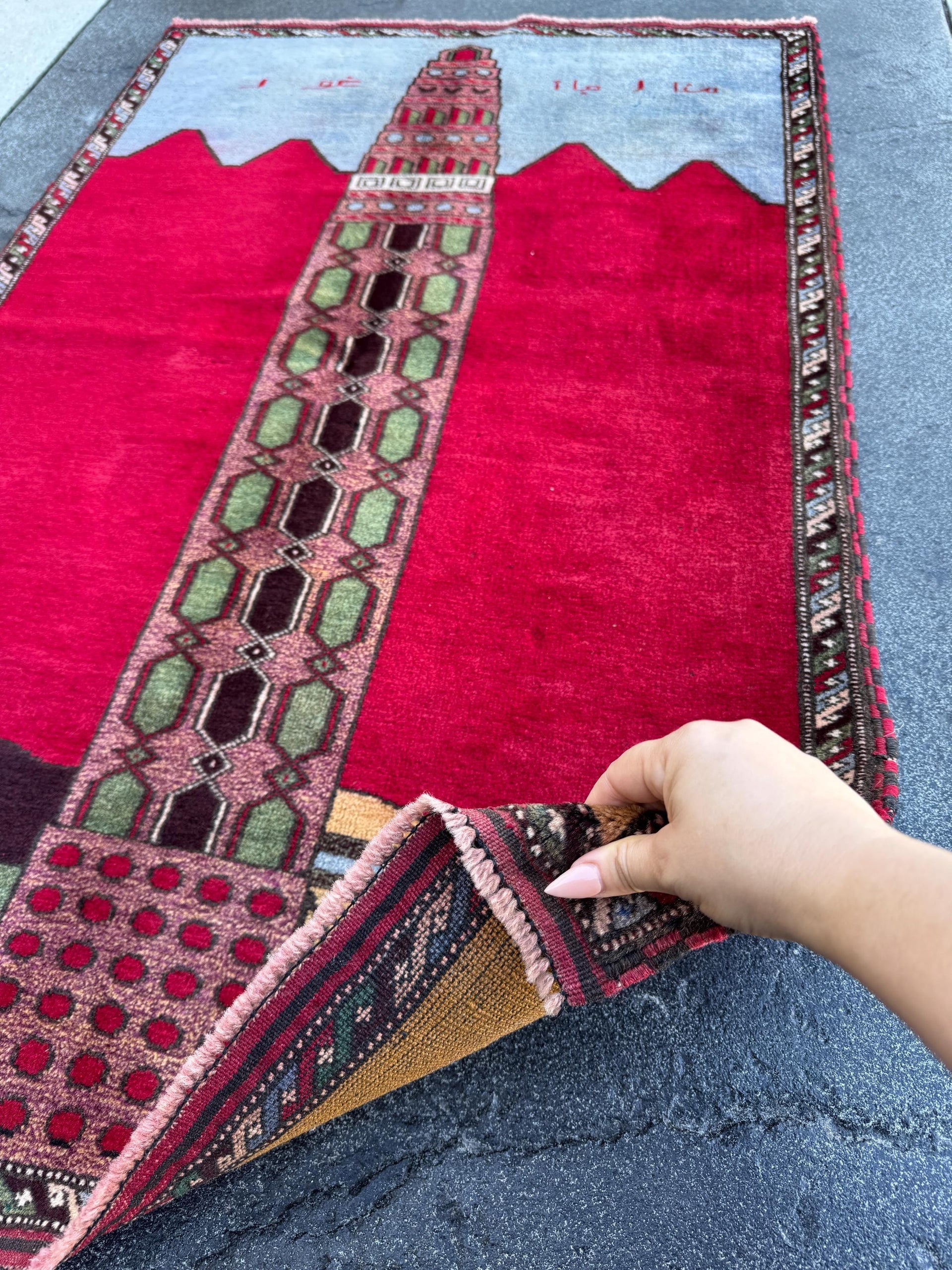 3x5 Handmade Vintage Afghan Baluch Rug | Crimson Scarlet Brick Rose Red Pink Moss Pine Green Sky Powder Blue Burgundy Plum Grey Saffron Wool