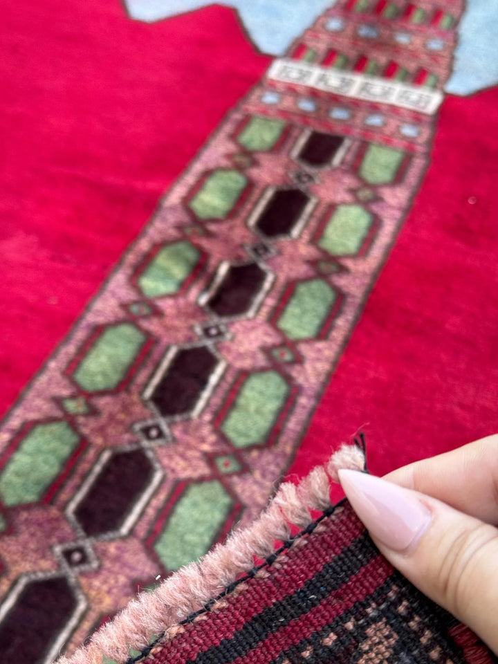 3x5 Handmade Vintage Afghan Baluch Rug | Crimson Scarlet Brick Rose Red Pink Moss Pine Green Sky Powder Blue Burgundy Plum Grey Saffron Wool