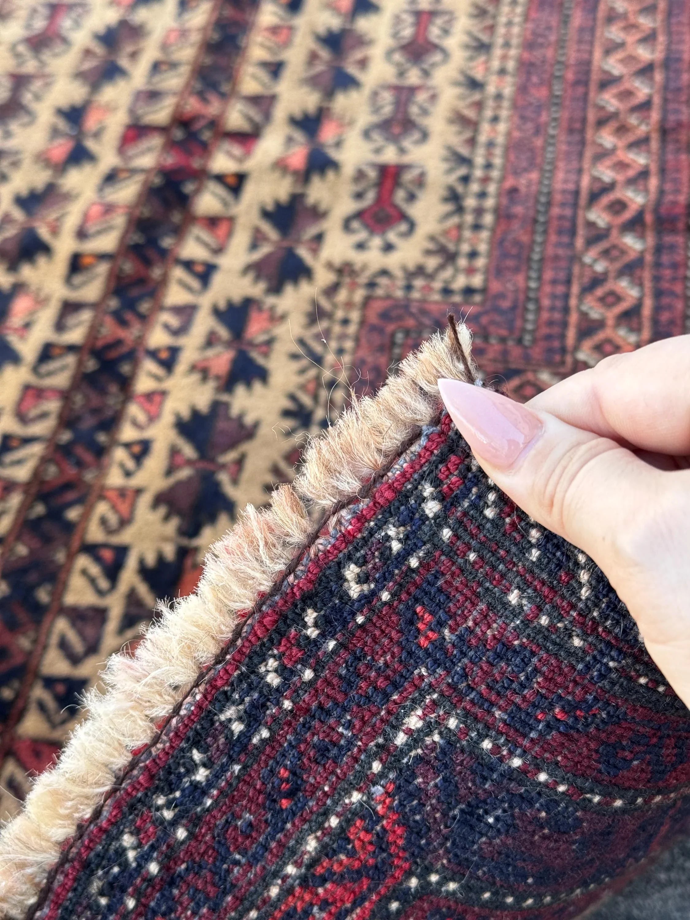 3x5 (91x152) Handmade Vintage Afghan Baluch Rug | Brick Crimson Blood Red Midnight Blue Cream Chocolate Coffee Brown Black Gold White | Wool