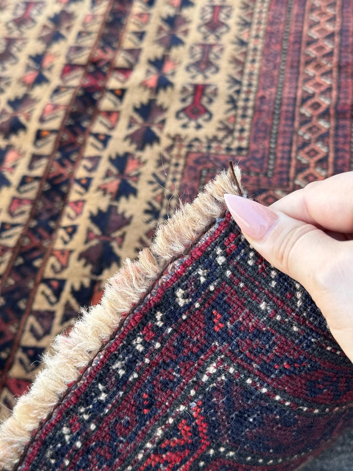 3x5 (91x152) Handmade Vintage Afghan Baluch Rug | Brick Crimson Blood Red Midnight Blue Cream Chocolate Coffee Brown Black Gold White | Wool