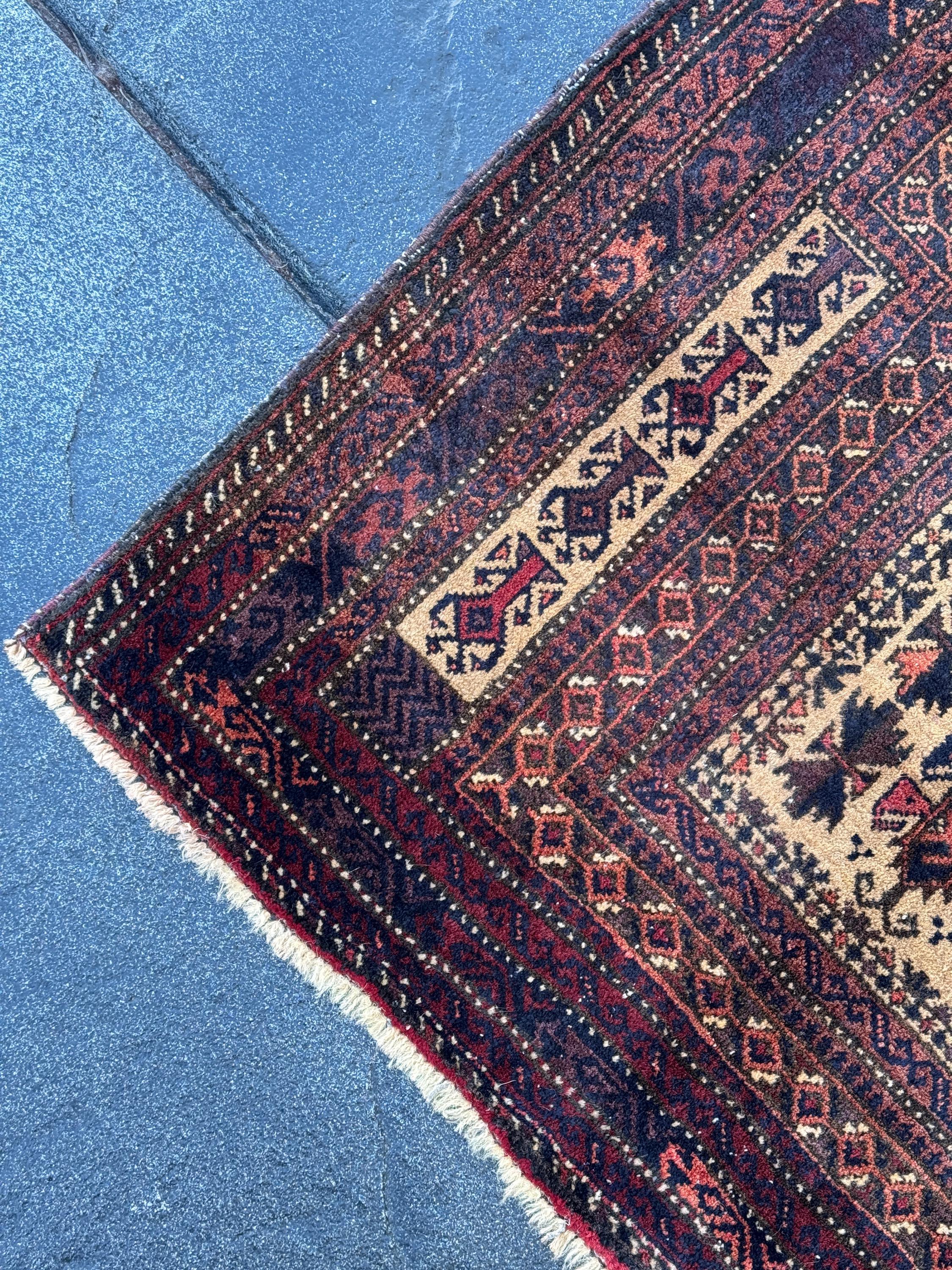 3x5 (91x152) Handmade Vintage Afghan Baluch Rug | Brick Crimson Blood Red Midnight Blue Cream Chocolate Coffee Brown Black Gold White | Wool