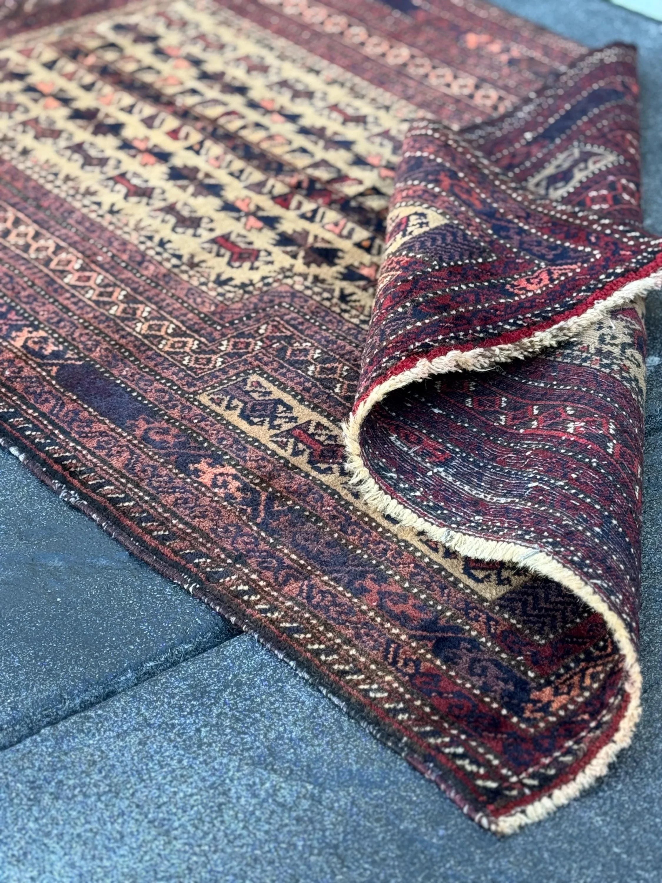 3x5 (91x152) Handmade Vintage Afghan Baluch Rug | Brick Crimson Blood Red Midnight Blue Cream Chocolate Coffee Brown Black Gold White | Wool