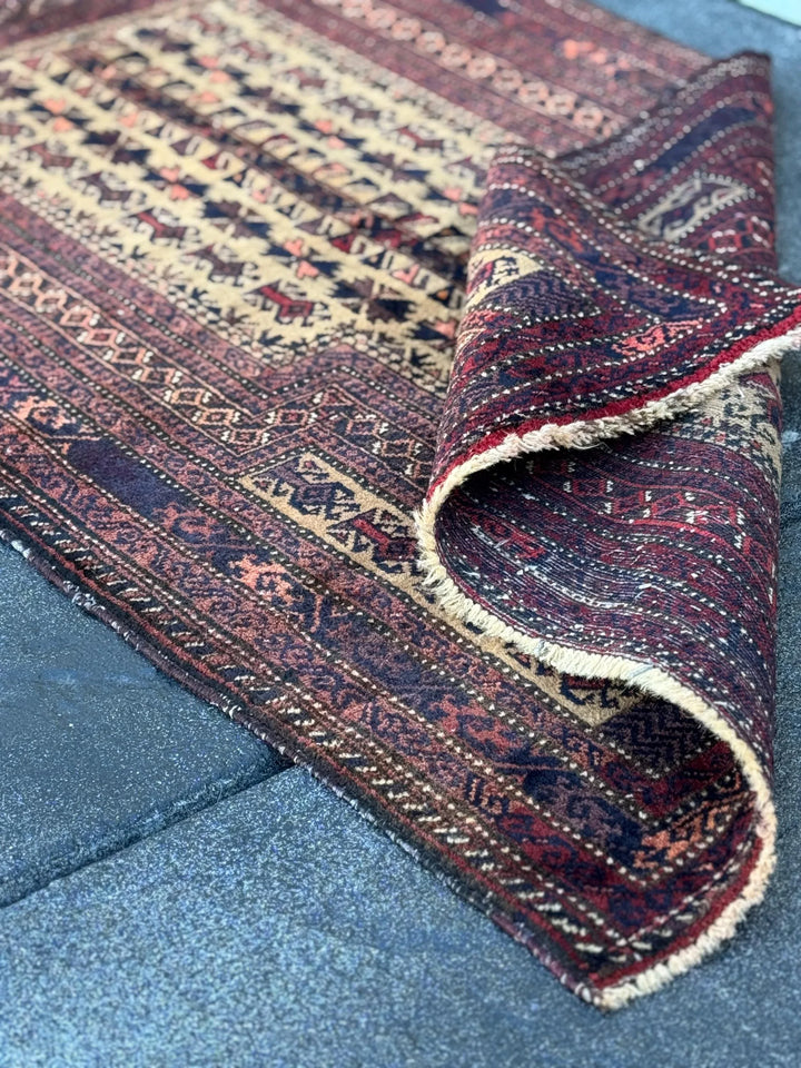 3x5 (91x152) Handmade Vintage Afghan Baluch Rug | Brick Crimson Blood Red Midnight Blue Cream Chocolate Coffee Brown Black Gold White | Wool