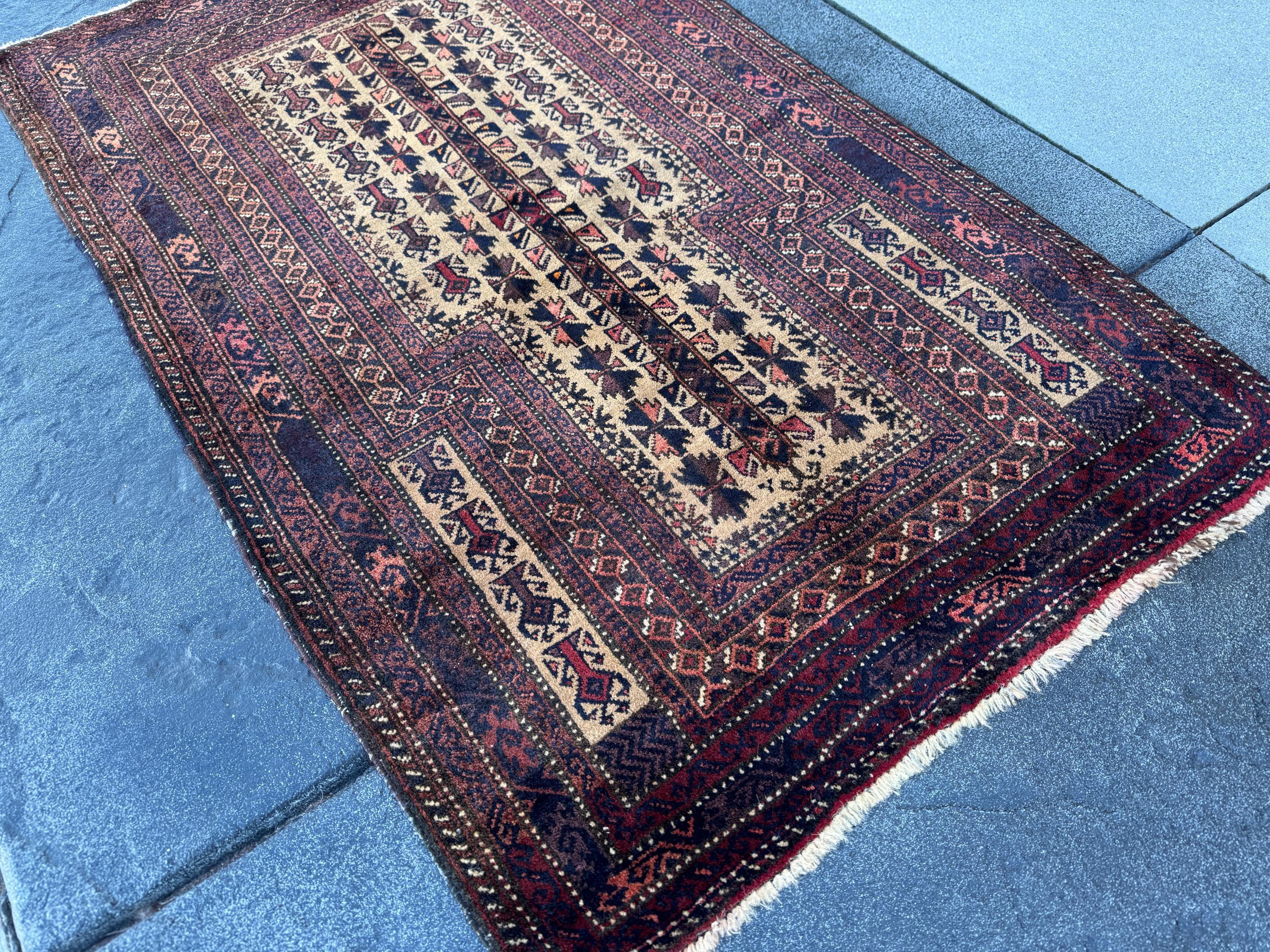 3x5 (91x152) Handmade Vintage Afghan Baluch Rug | Brick Crimson Blood Red Midnight Blue Cream Chocolate Coffee Brown Black Gold White | Wool