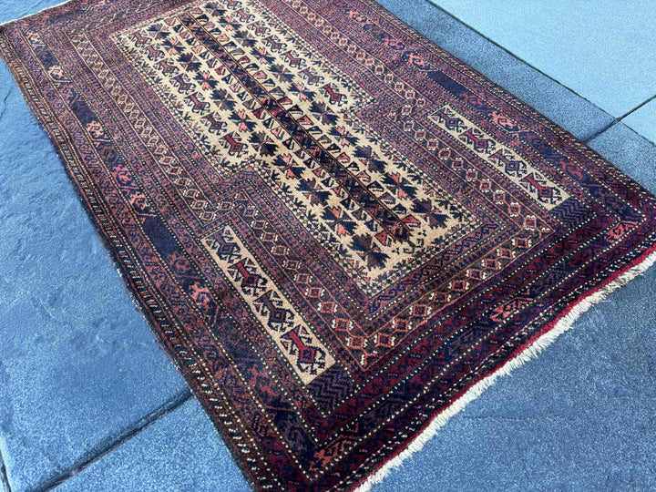 3x5 (91x152) Handmade Vintage Afghan Baluch Rug | Brick Crimson Blood Red Midnight Blue Cream Chocolate Coffee Brown Black Gold White | Wool