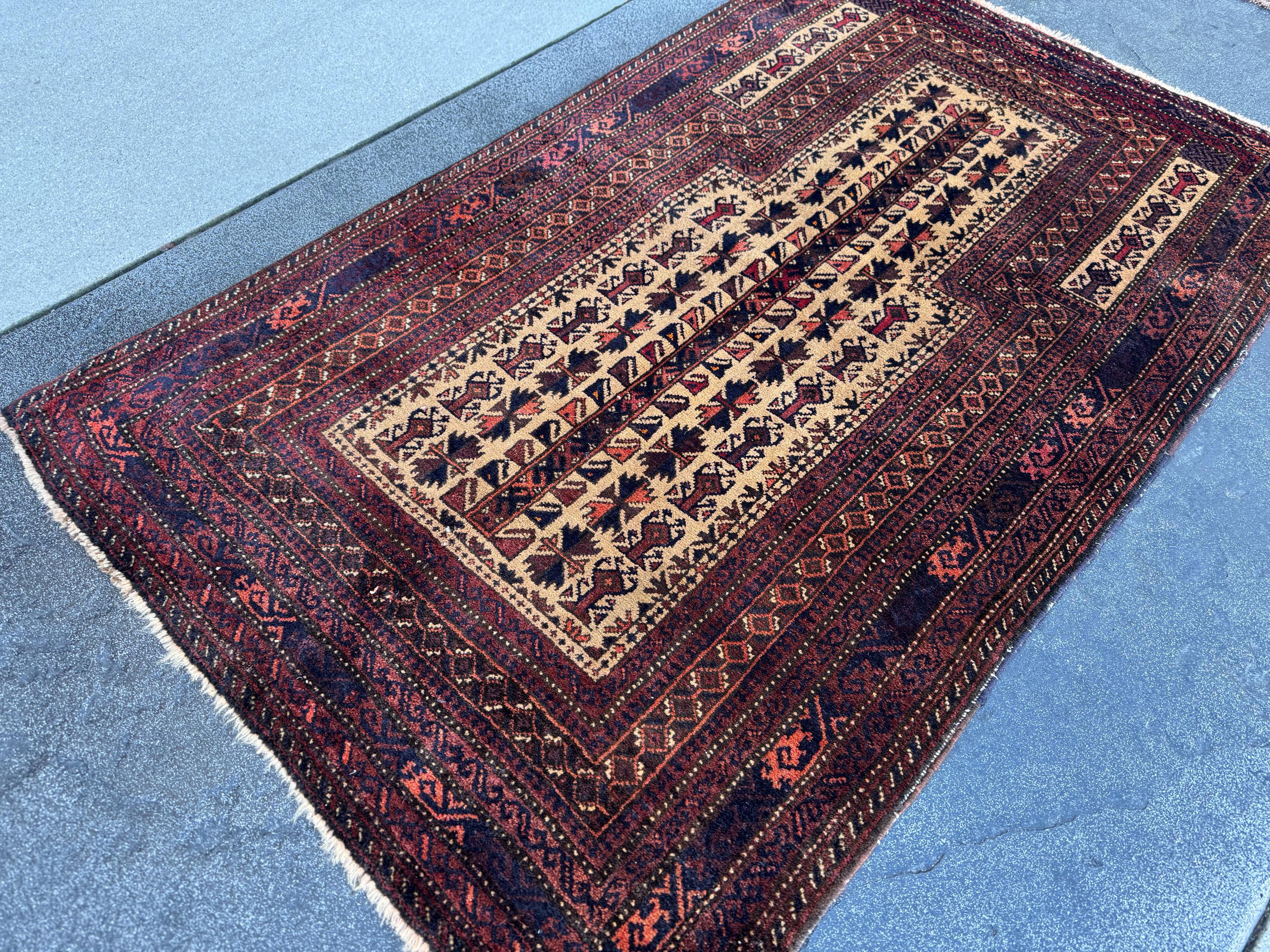 3x5 (91x152) Handmade Vintage Afghan Baluch Rug | Brick Crimson Blood Red Midnight Blue Cream Chocolate Coffee Brown Black Gold White | Wool
