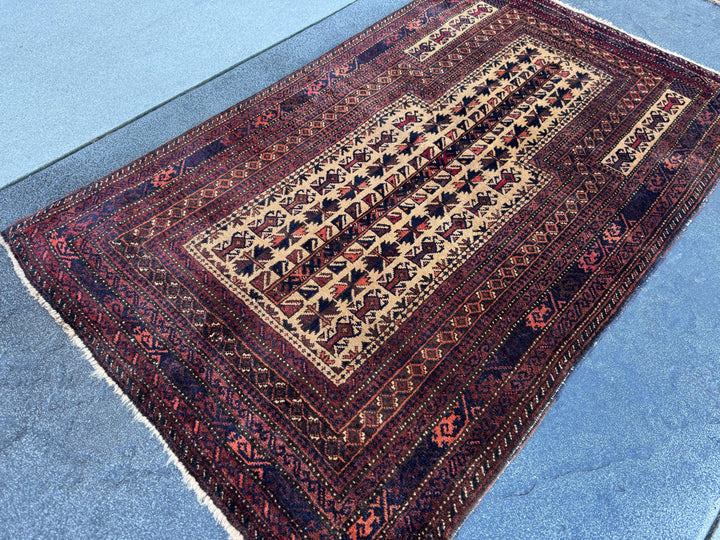 3x5 (91x152) Handmade Vintage Afghan Baluch Rug | Brick Crimson Blood Red Midnight Blue Cream Chocolate Coffee Brown Black Gold White | Wool