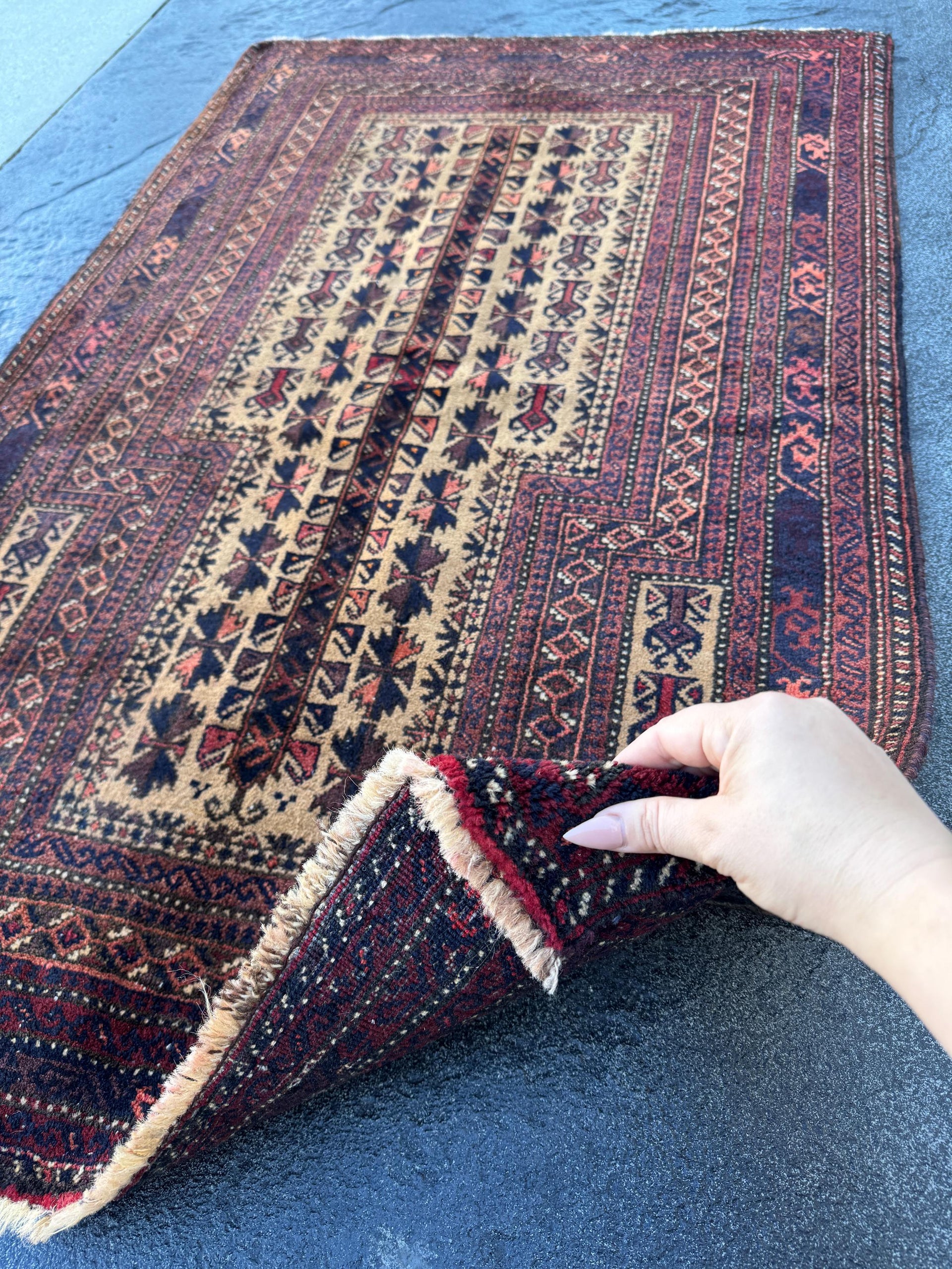 3x5 (91x152) Handmade Vintage Afghan Baluch Rug | Brick Crimson Blood Red Midnight Blue Cream Chocolate Coffee Brown Black Gold White | Wool