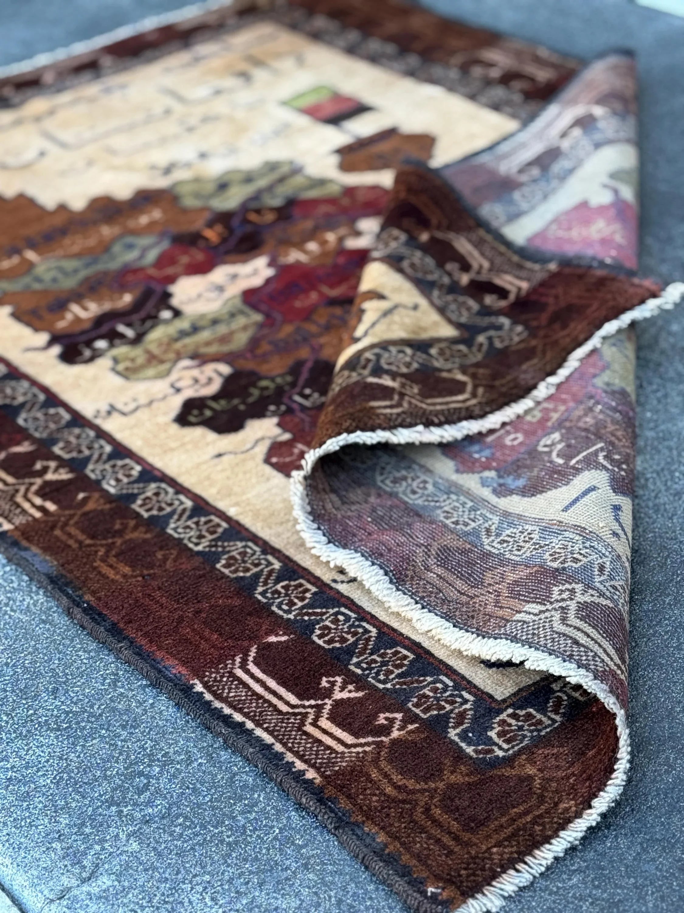 3x4 Handmade Vintage Afghan Baluch Rug | Cream Caramel Coffee Chocolate Tan Brown Black Moss Olive Green Brick Red White Navy Blue Orange