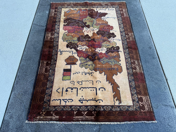 3x4 Handmade Vintage Afghan Baluch Rug | Cream Caramel Coffee Chocolate Tan Brown Black Moss Olive Green Brick Red White Navy Blue Orange
