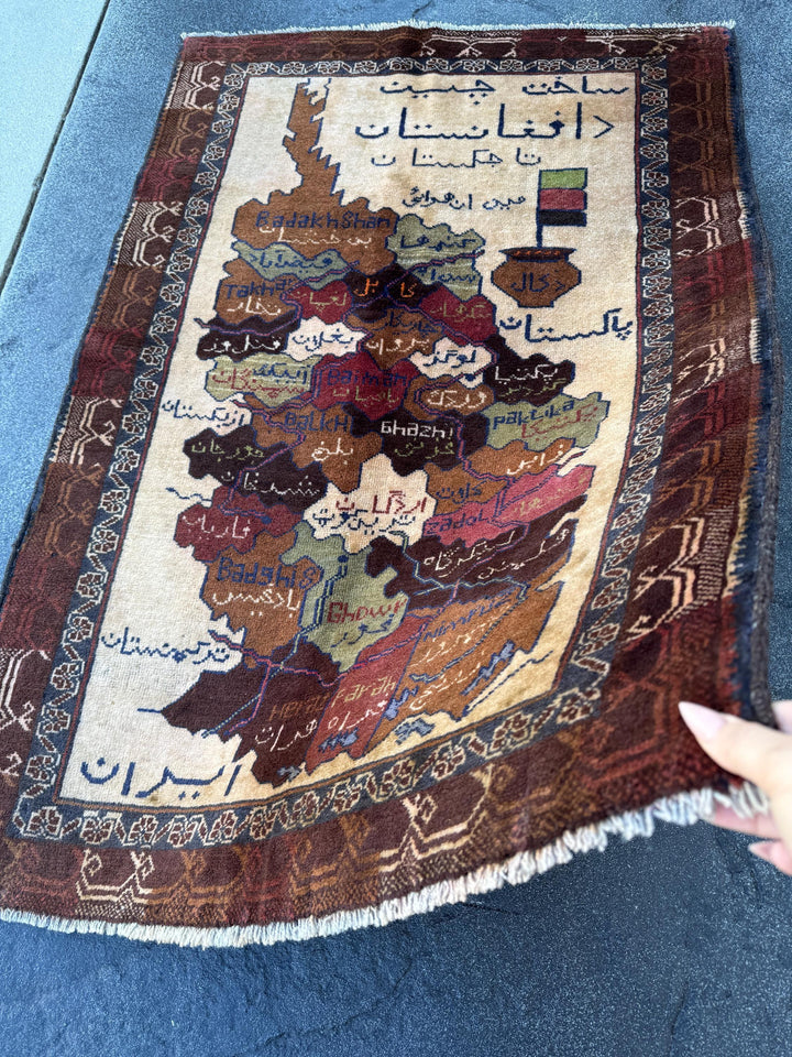 3x4 Handmade Vintage Afghan Baluch Rug | Cream Caramel Coffee Chocolate Tan Brown Black Moss Olive Green Brick Red White Navy Blue Orange