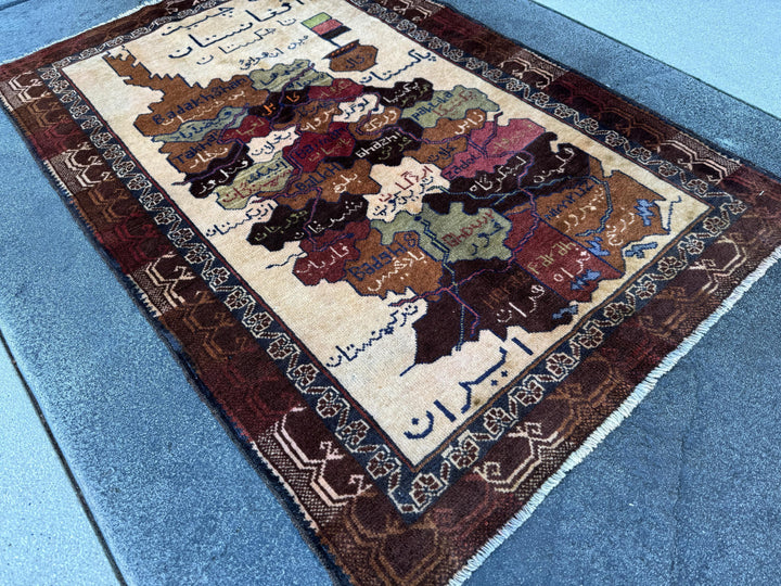 3x4 Handmade Vintage Afghan Baluch Rug | Cream Caramel Coffee Chocolate Tan Brown Black Moss Olive Green Brick Red White Navy Blue Orange