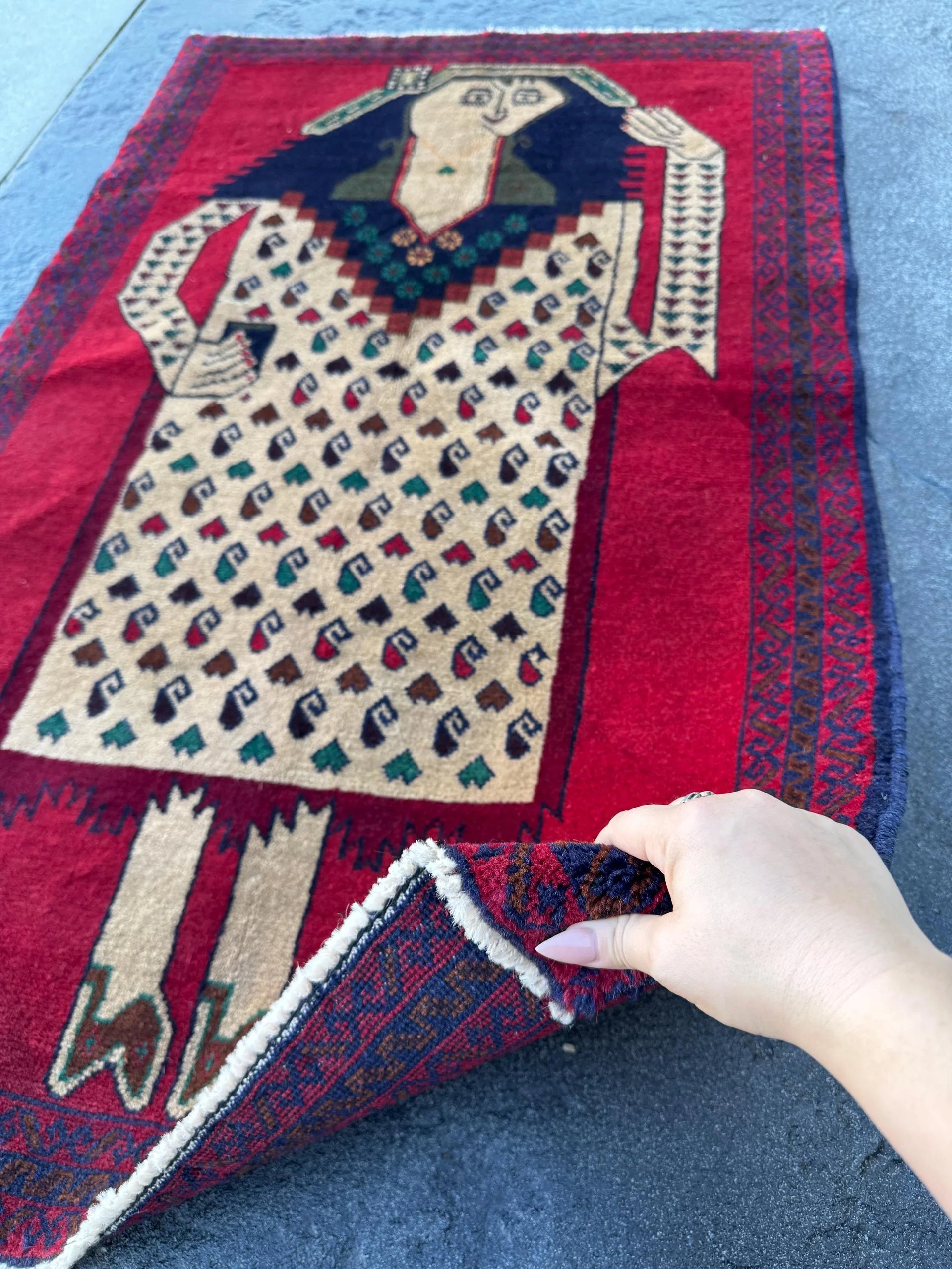 3x4-5 Handmade Vintage Afghan Baluch Rug | Blood Crimson Red Forest Green Navy Midnight Denim Blue Black Caramel Coffee Brown Cream | Wool