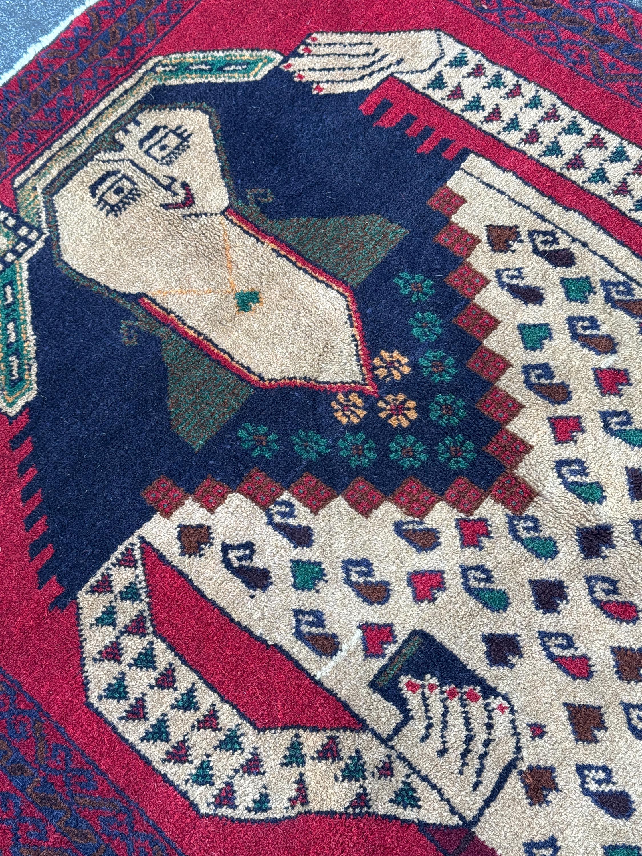 3x4-5 Handmade Vintage Afghan Baluch Rug | Blood Crimson Red Forest Green Navy Midnight Denim Blue Black Caramel Coffee Brown Cream | Wool