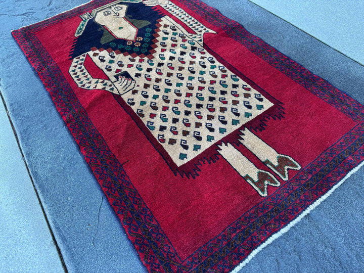 3x4-5 Handmade Vintage Afghan Baluch Rug | Blood Crimson Red Forest Green Navy Midnight Denim Blue Black Caramel Coffee Brown Cream | Wool