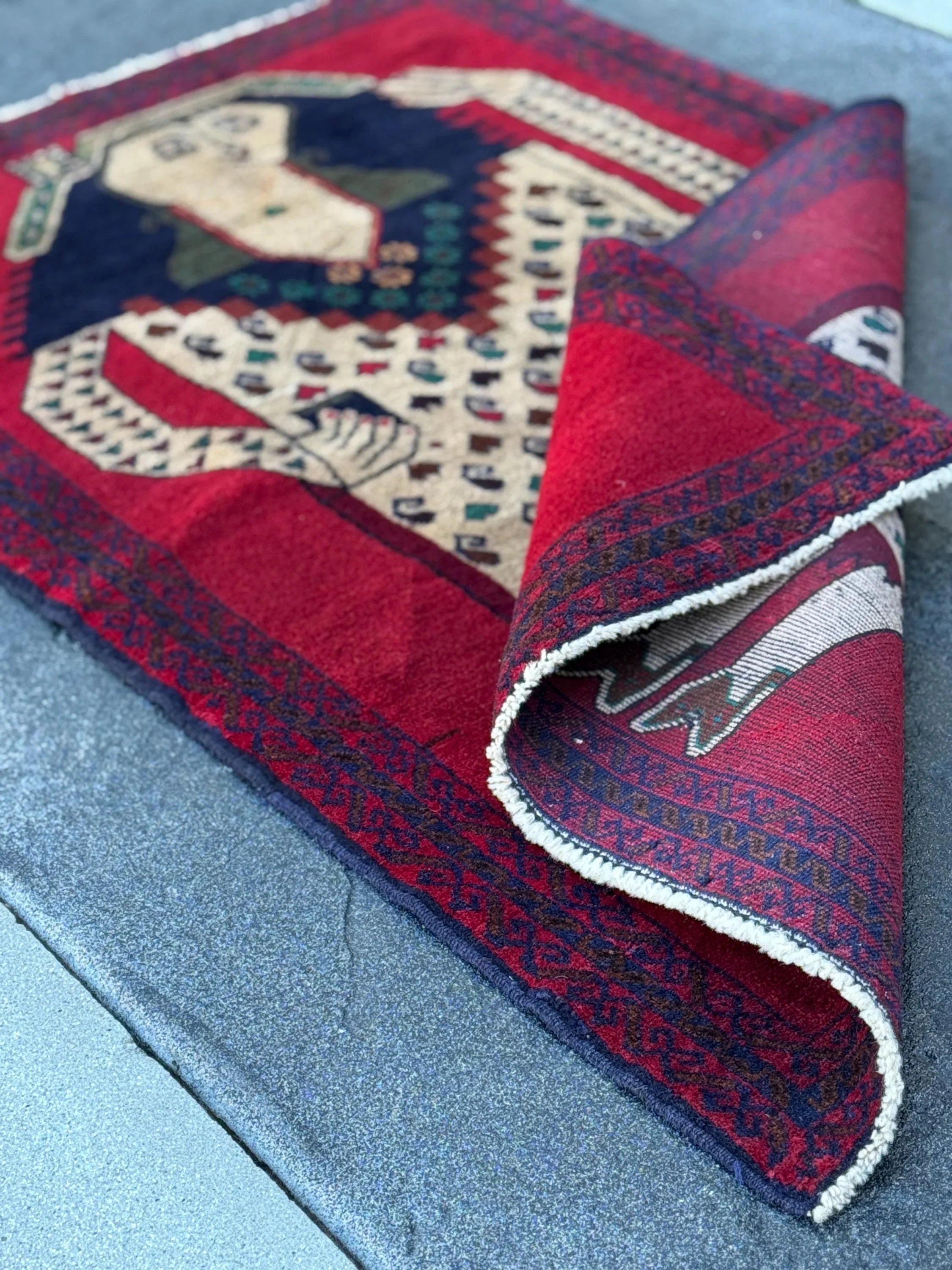 3x4-5 Handmade Vintage Afghan Baluch Rug | Blood Crimson Red Forest Green Navy Midnight Denim Blue Black Caramel Coffee Brown Cream | Wool