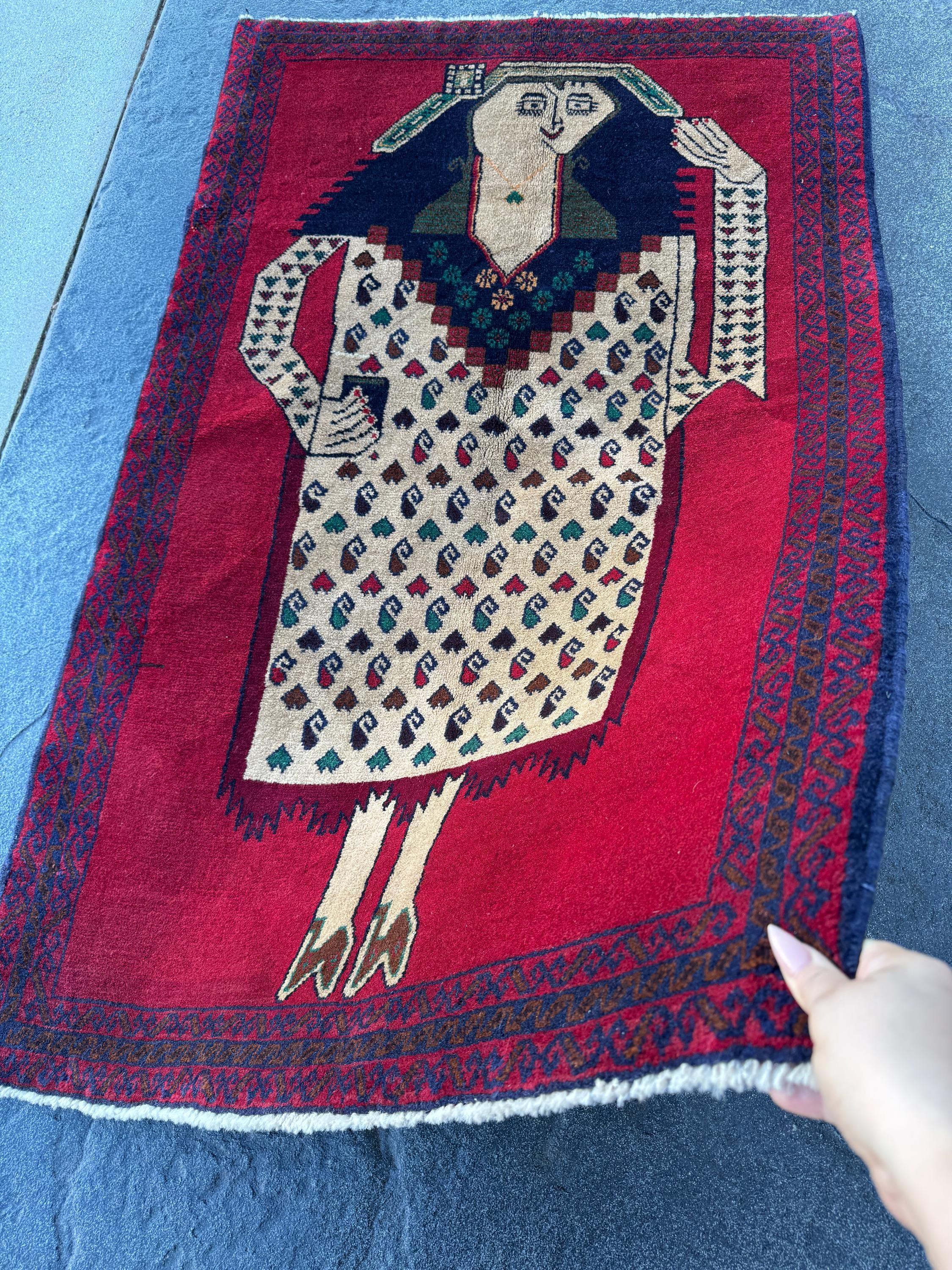 3x4-5 Handmade Vintage Afghan Baluch Rug | Blood Crimson Red Forest Green Navy Midnight Denim Blue Black Caramel Coffee Brown Cream | Wool