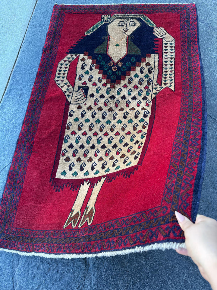3x4-5 Handmade Vintage Afghan Baluch Rug | Blood Crimson Red Forest Green Navy Midnight Denim Blue Black Caramel Coffee Brown Cream | Wool