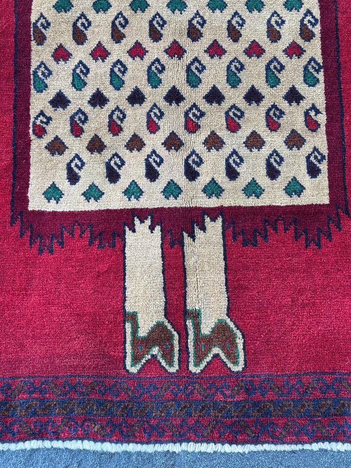 3x4-5 Handmade Vintage Afghan Baluch Rug | Blood Crimson Red Forest Green Navy Midnight Denim Blue Black Caramel Coffee Brown Cream | Wool