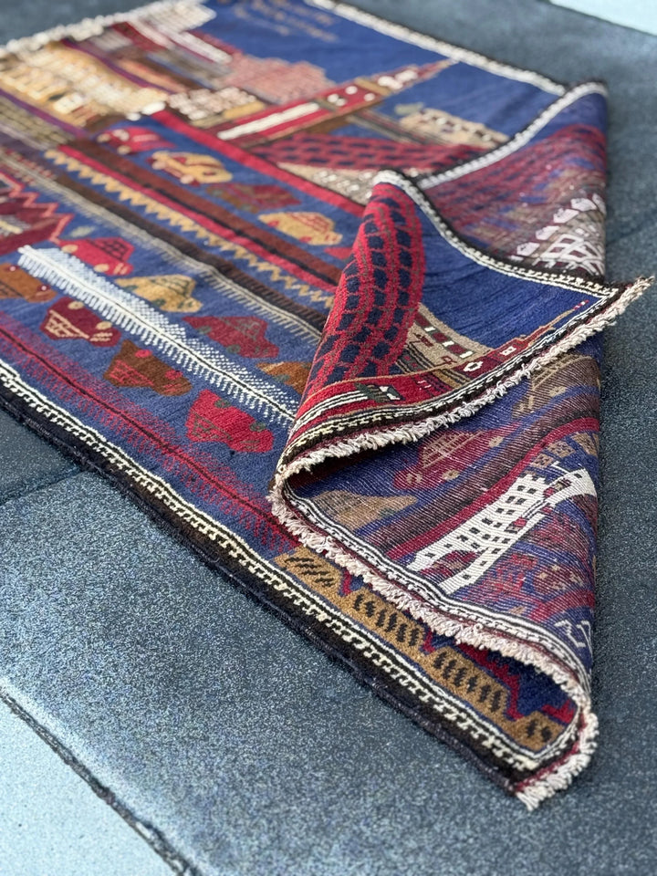 3x5 Handmade Vintage Afghan Baluch Rug | Navy Blue Crimson Blood Burgundy Red White Cream Taupe Tan Caramel Coffee Chocolate Brown Black