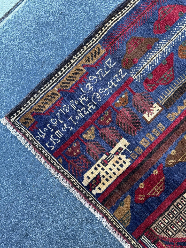 3x5 Handmade Vintage Afghan Baluch Rug | Navy Blue Crimson Blood Burgundy Red White Cream Taupe Tan Caramel Coffee Chocolate Brown Black