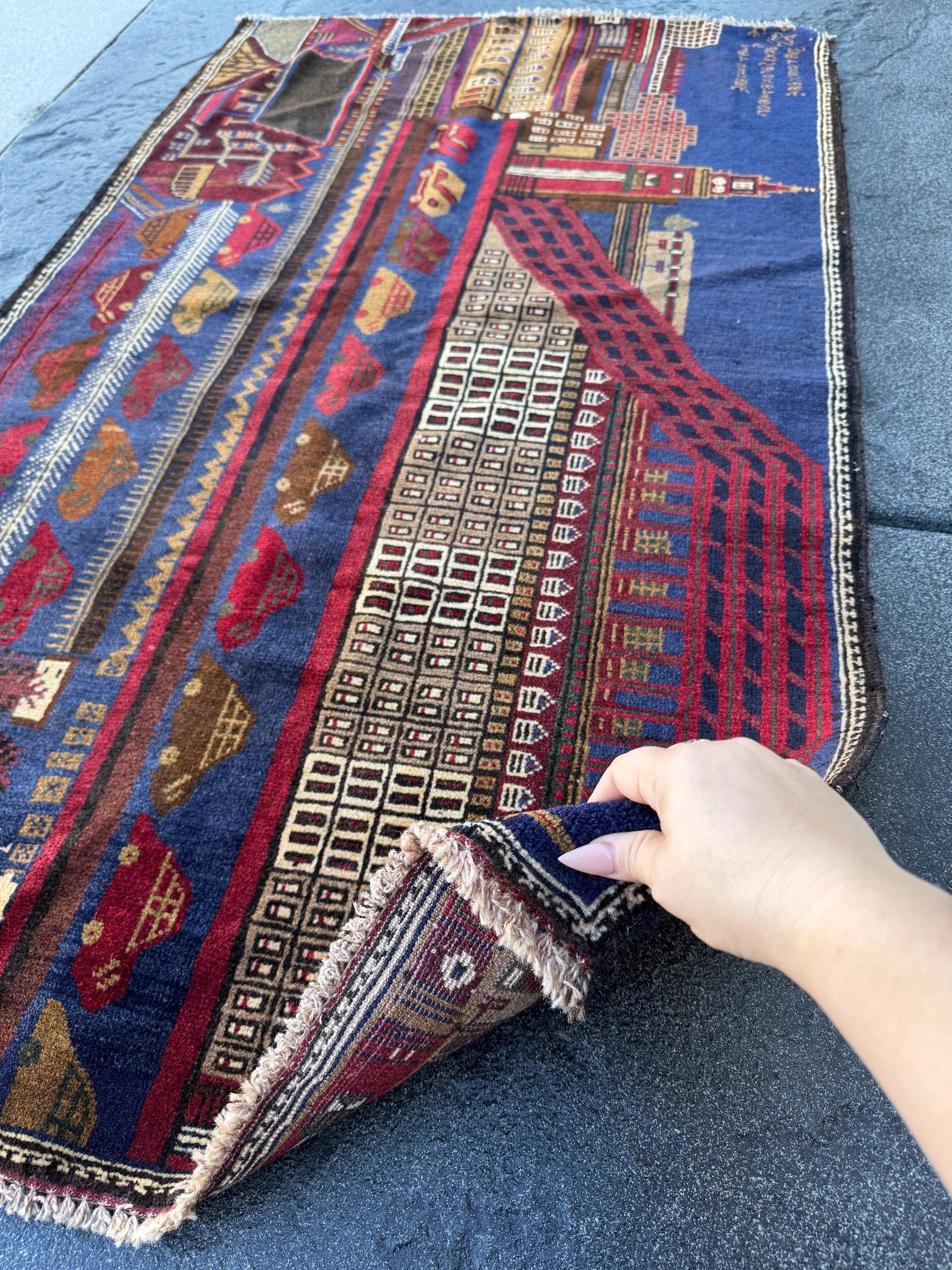 3x5 Handmade Vintage Afghan Baluch Rug | Navy Blue Crimson Blood Burgundy Red White Cream Taupe Tan Caramel Coffee Chocolate Brown Black