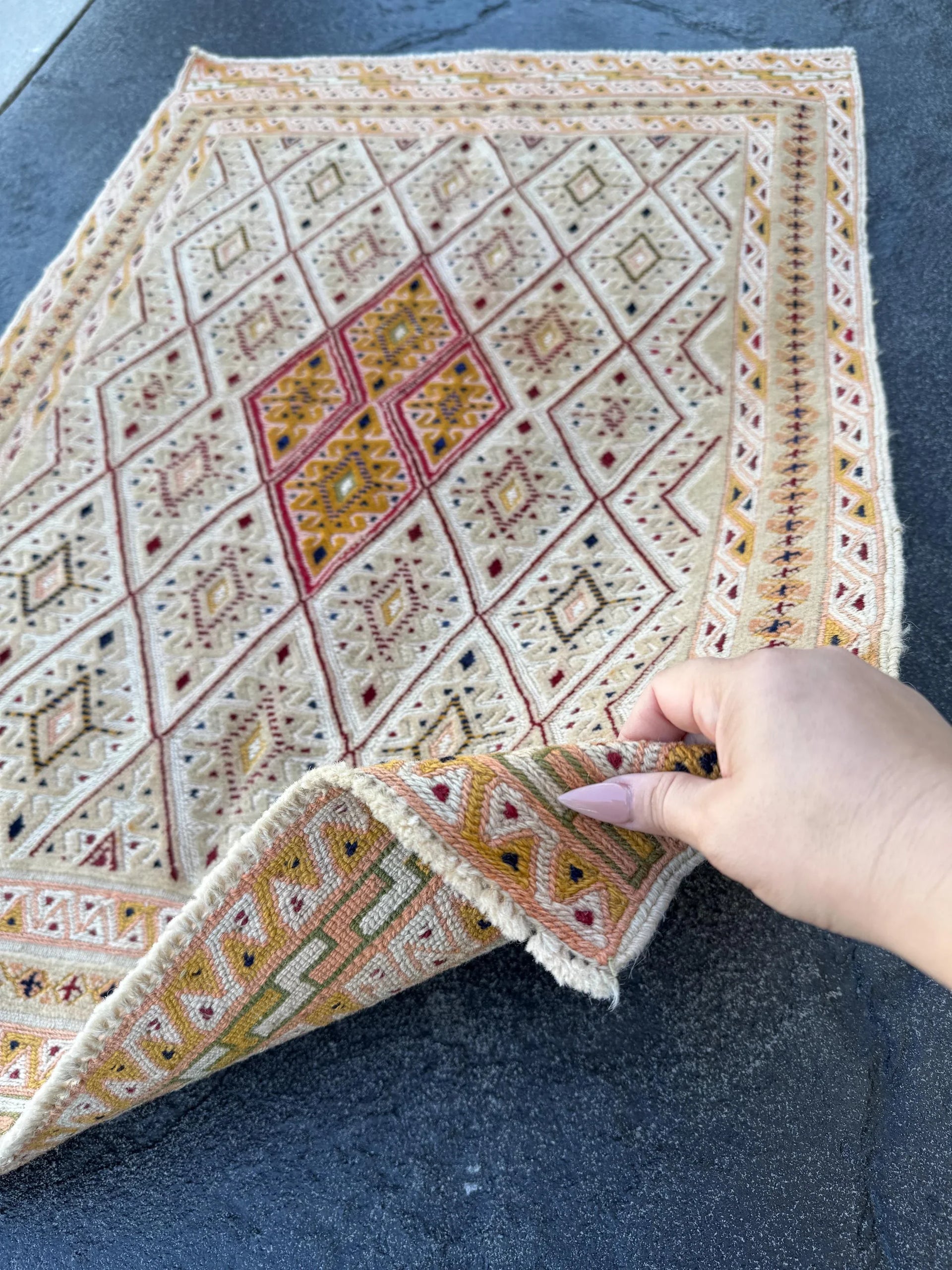 3x4 Handmade Afghan Vintage Barjasta Rug | Cream Ivory Saffron Gold Cornsilk Yellow Crimson Cherry Red Auburn Black Olive Green Denim Blue