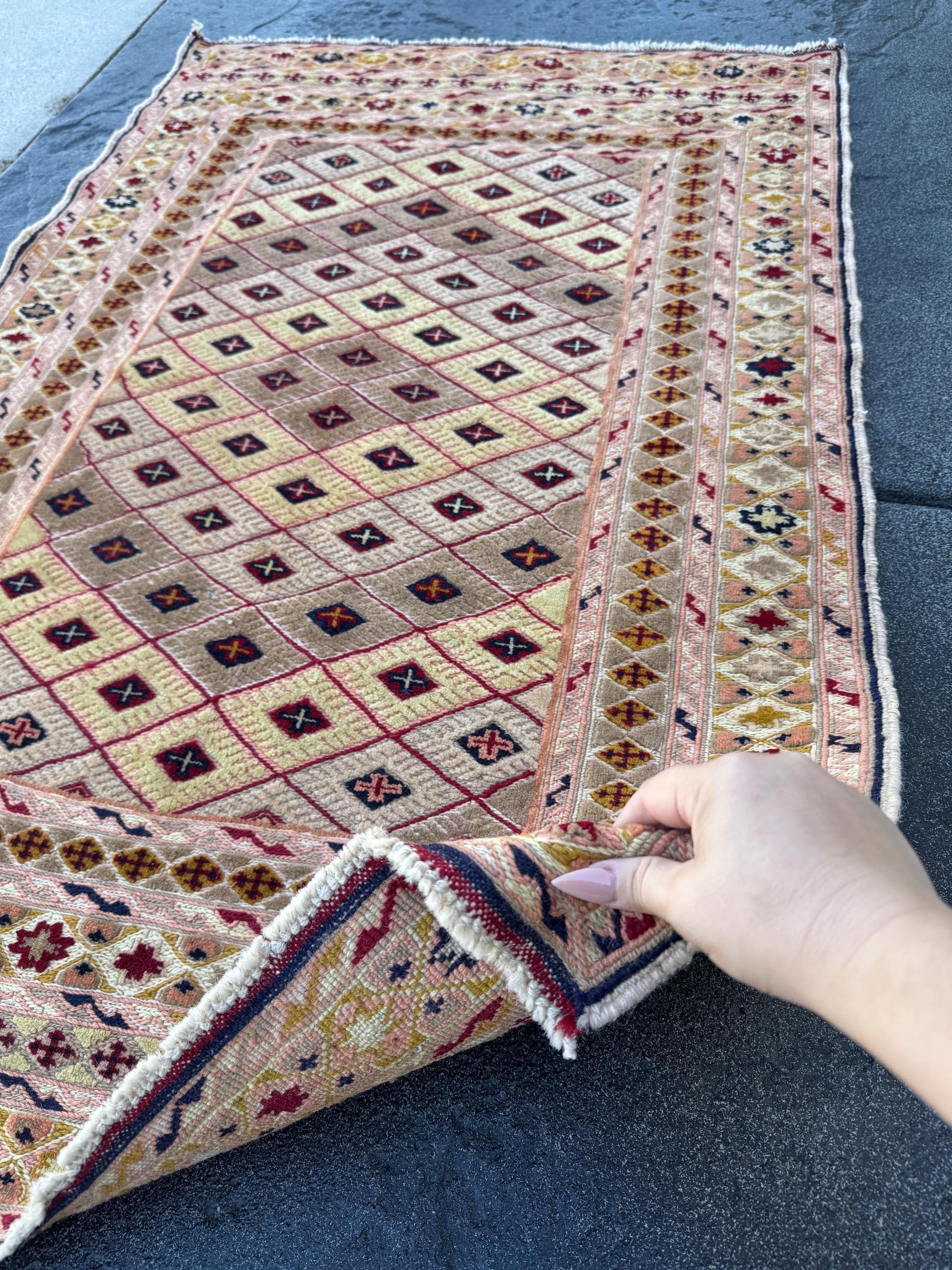 3x5 (91x142) Handmade Afghan Vintage Barjasta Rug | Cream Ivory Cornsilk Saffron Crimson Red Auburn Sapphire Blue Mocha Black | Wool